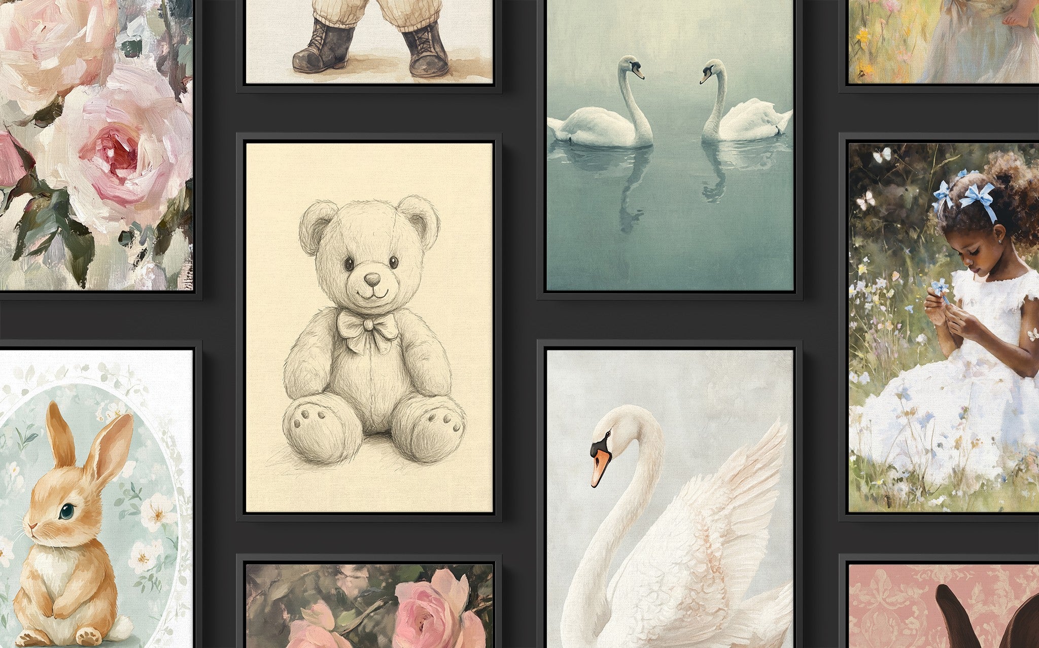 composição de quadros com ilustrações de animais e flores, molduras pretas, apresentando desenhos de um urso de pelúcia, cisnes e coelhos em fundo escuro"