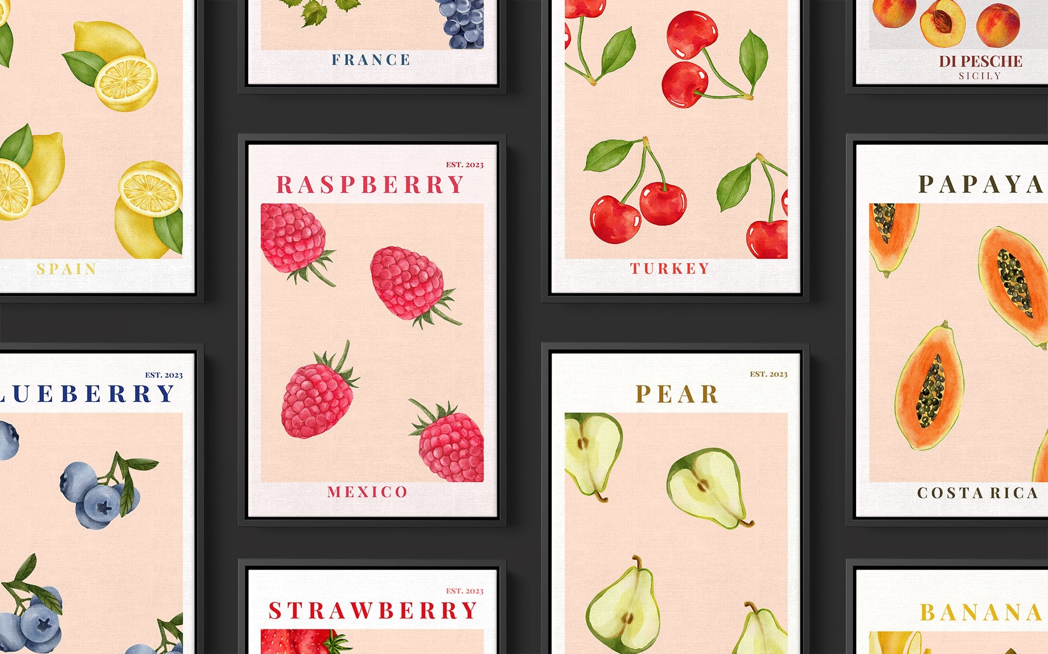 composição de quadros decorativos com frutas em ilustrações vibrantes, apresentando framboesas, peras e cerejas com moldura preta