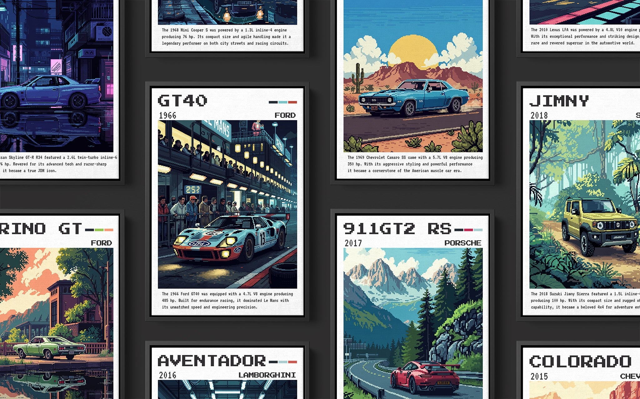 série de quadros em moldura preta com ilustrações retrô de carros clássicos e modernos, apresentando detalhes como cenários de montanhas, paisagens urbanas e linhas de produção