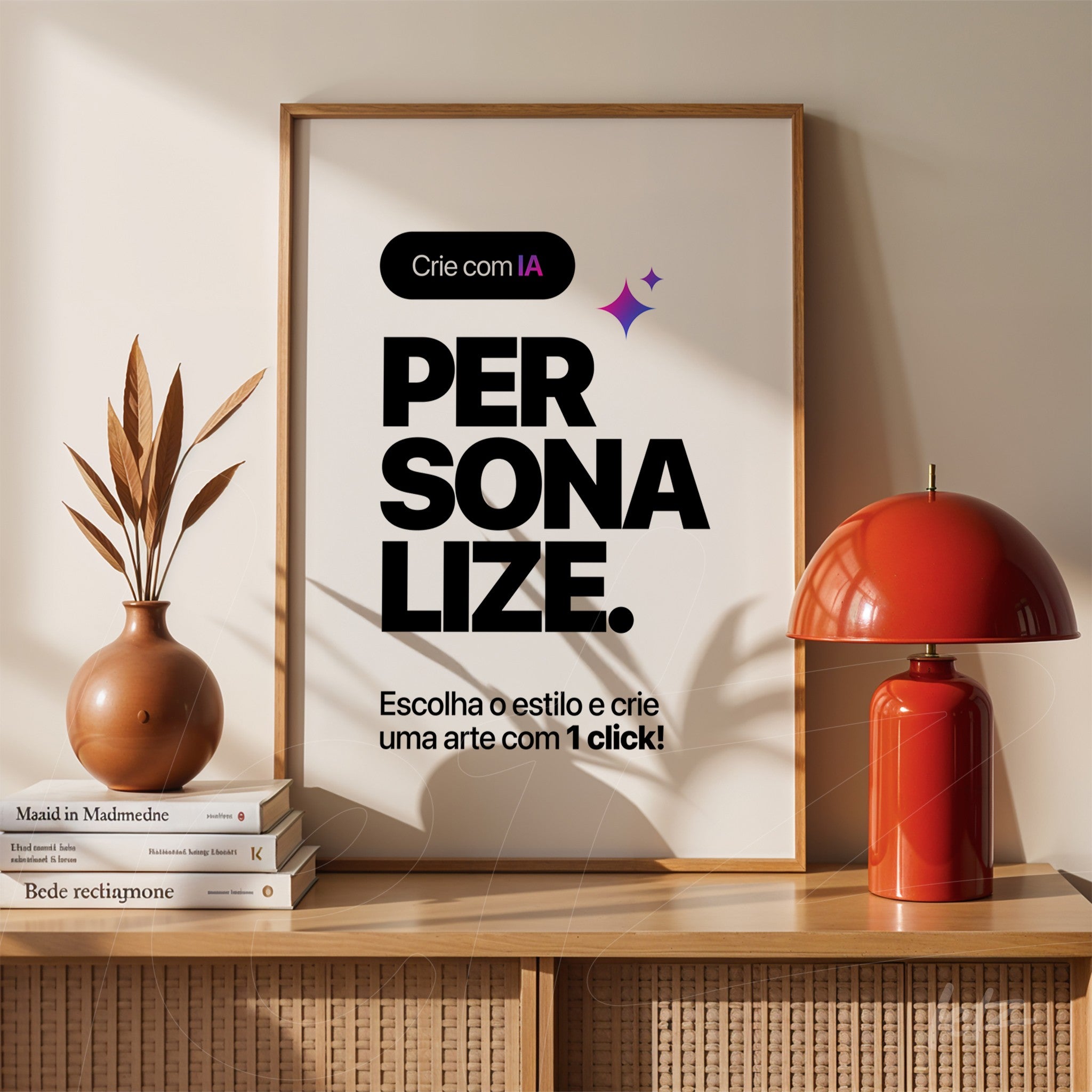 quadro decorativo com fundo branco e tipografia em preto sobre a criação com inteligência artificial, moldura clara exposta sobre mesa de madeira ao lado de vaso de plantas