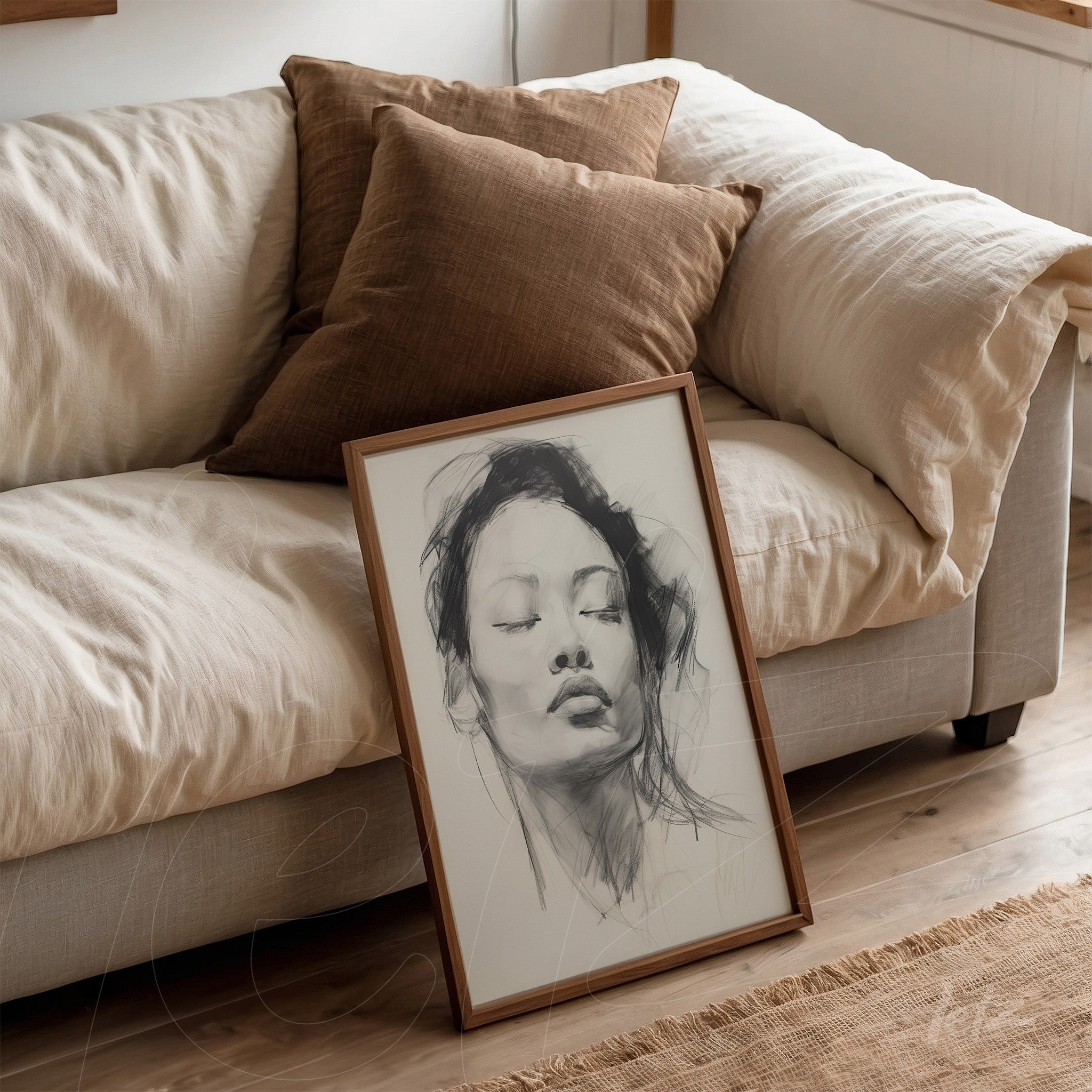 quadro com ilustração em preto e branco de rosto feminino com moldura de madeira clara, apoiado ao lado de almofadas em sofá bege