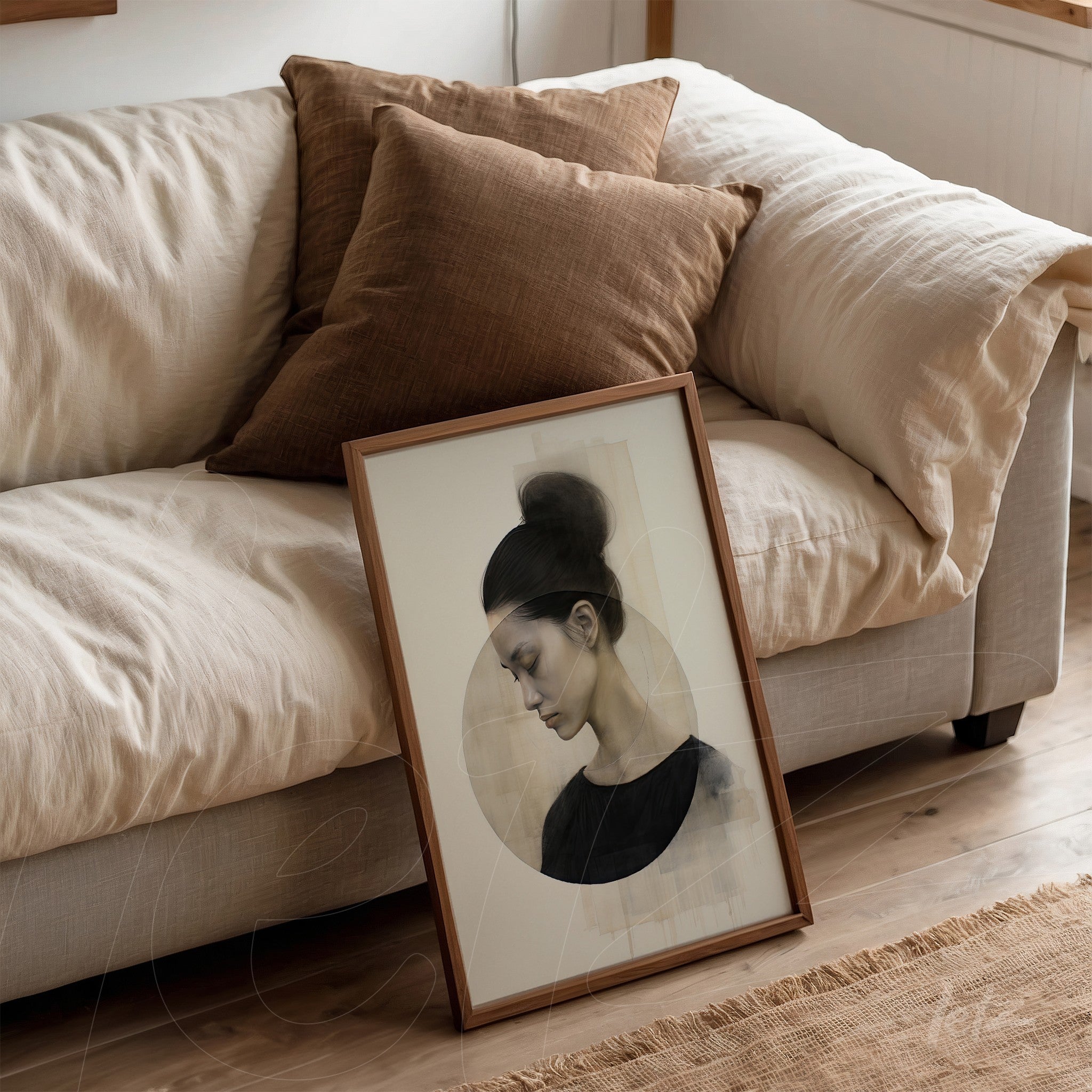 quadro com arte abstrata de retrato feminino em moldura de madeira clara apoiado em sofá neutro com almofadas marrons