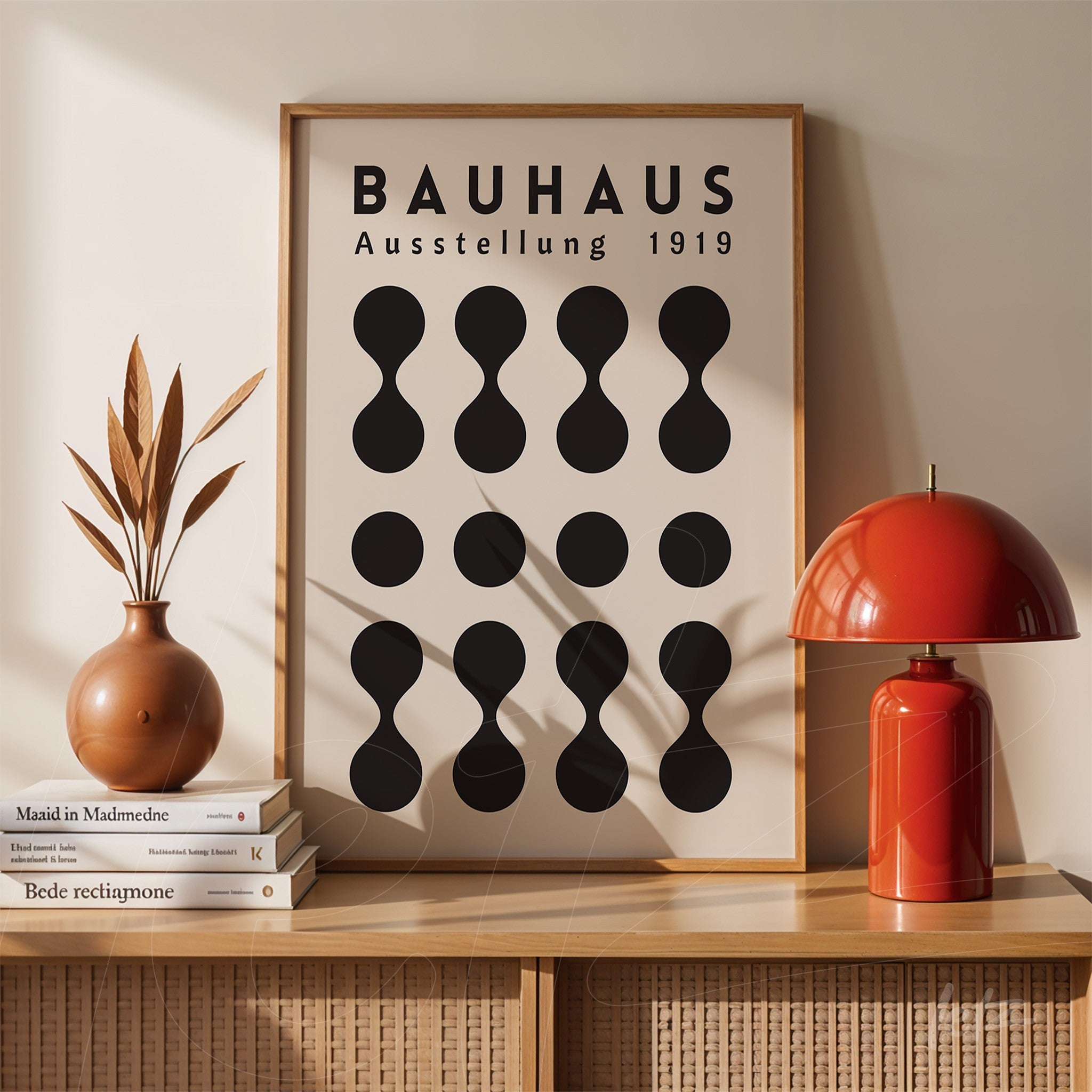 pôster impresso com design moderno de formas geométricas pretas sob fundo bege e texto 'Bauhaus Ausstellung 1919', emoldurado e apoiado em aparador de madeira claro ao lado de lâmpada vermelha