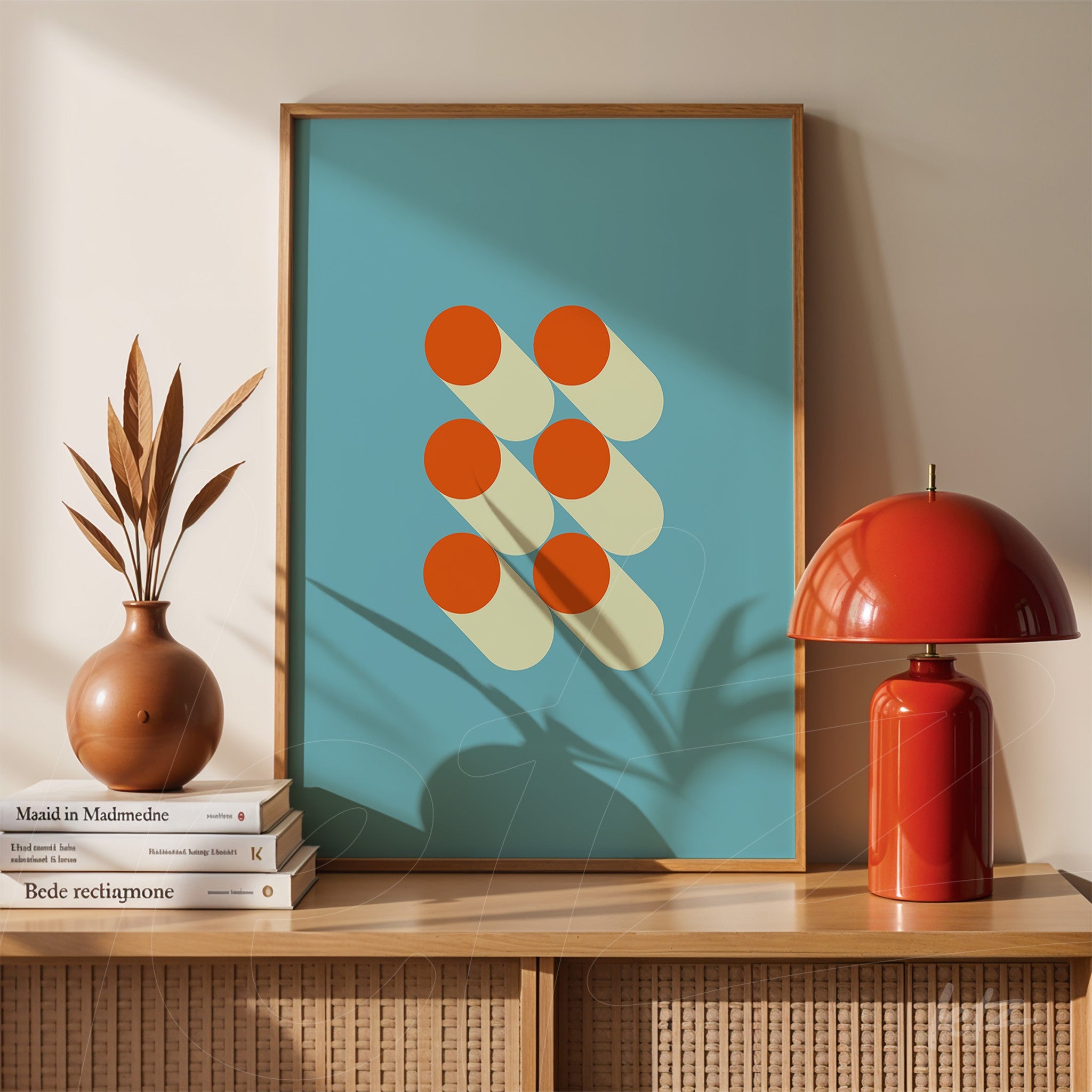 quadro com ilustração geométrica de círculos laranja sombreando sobre fundo azul com moldura de madeira clara, exibido em prateleira com lâmpada vermelha e vaso decorativo
