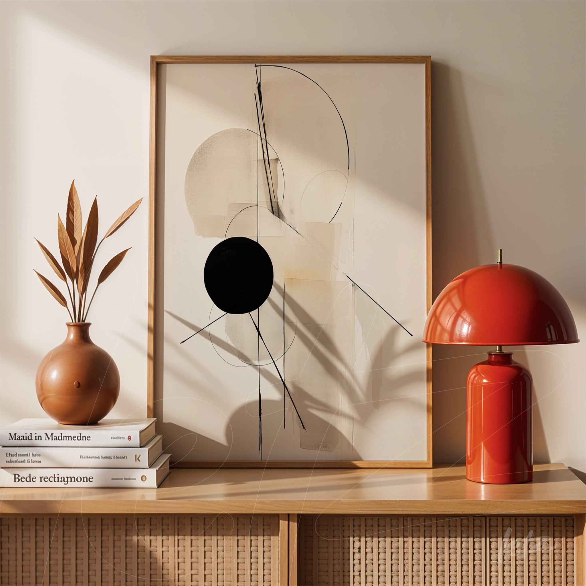 quadro com arte abstrata em moldura de madeira clara, com composições geométricas em tons neutros e um grande círculo preto sobre fundo claro, exibido em uma mesa ao lado de um vaso de cerâmica e uma luminária vermelha