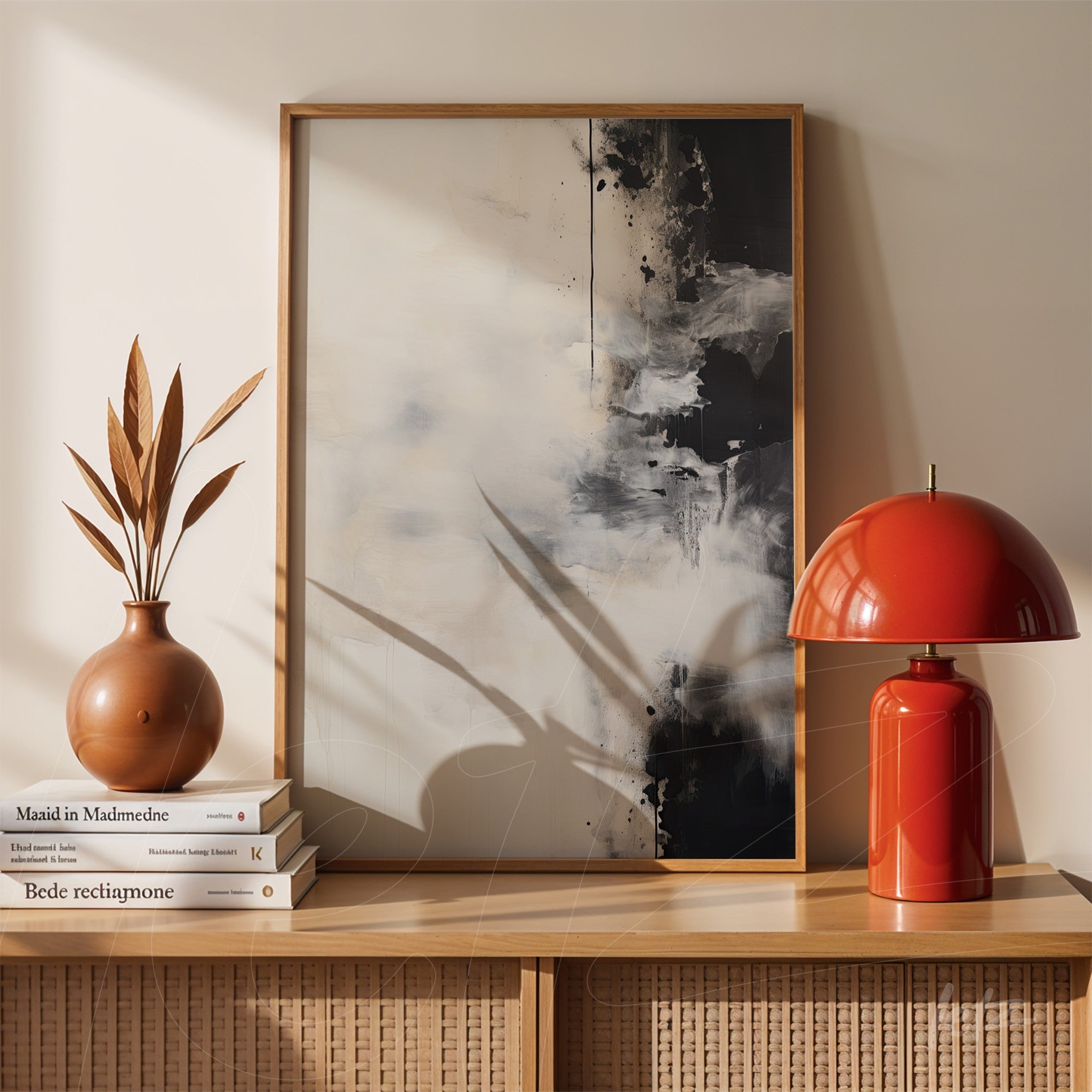 quadro abstrato com tons de preto, branco e cinza em moldura de madeira clara, exibido em mesa ao lado de vaso e abajur