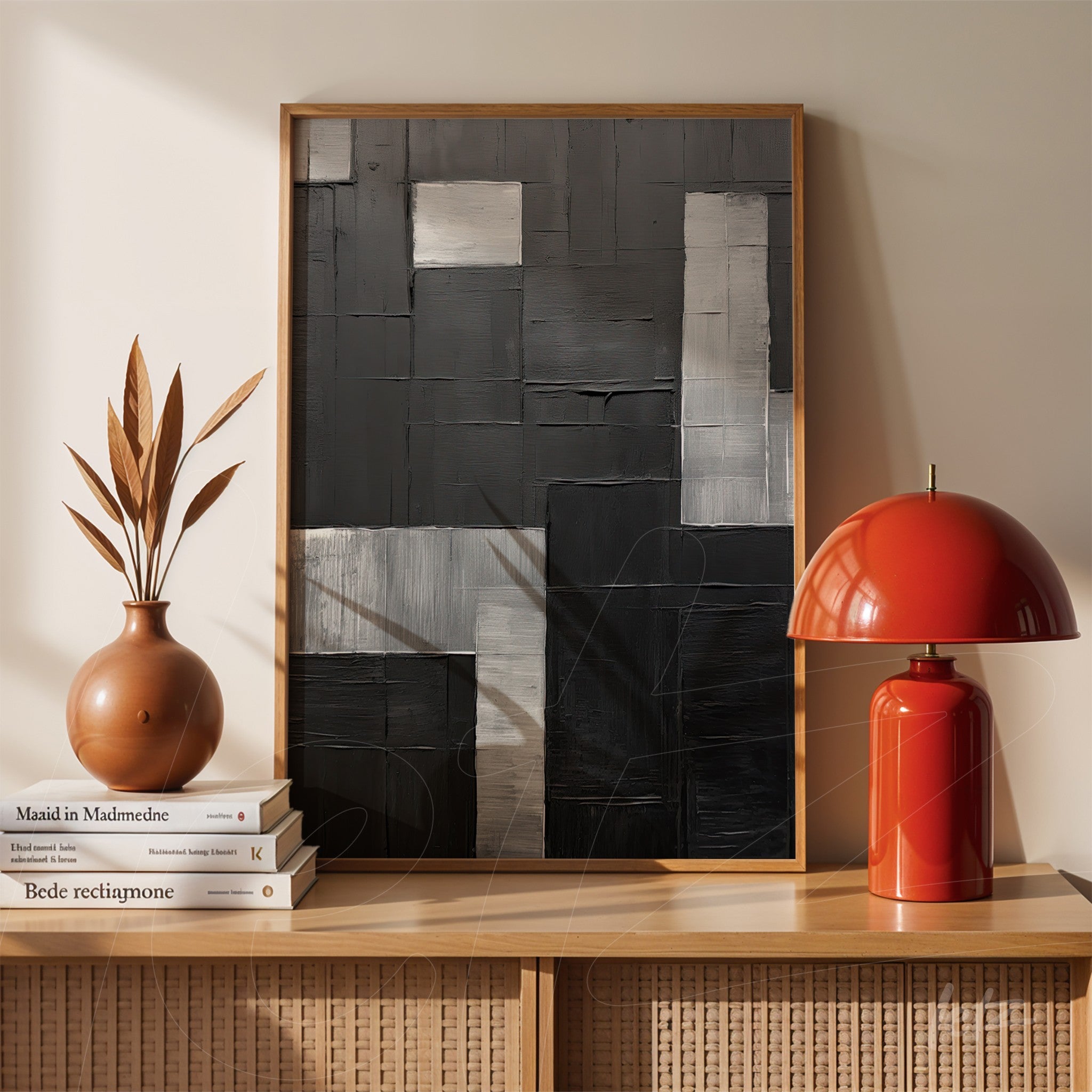 quadro abstrato em tons de preto com detalhes em prata em moldura de madeira clara, apoiado sobre prateleira de madeira com vaso decorativo
