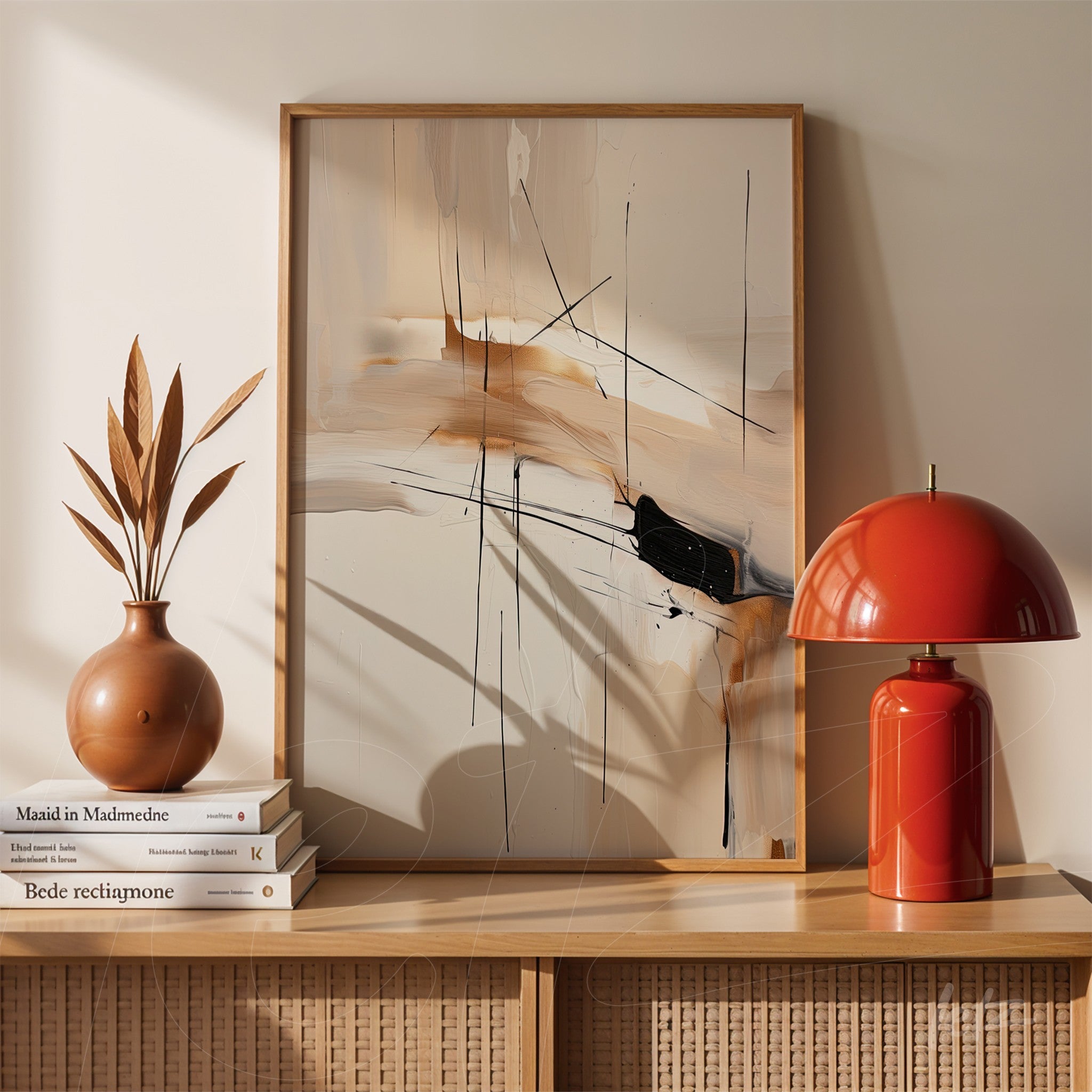 quadro abstrato com linhas pretas e tons neutros em moldura de madeira clara, exibido sobre uma prateleira ao lado de uma luminária vermelha