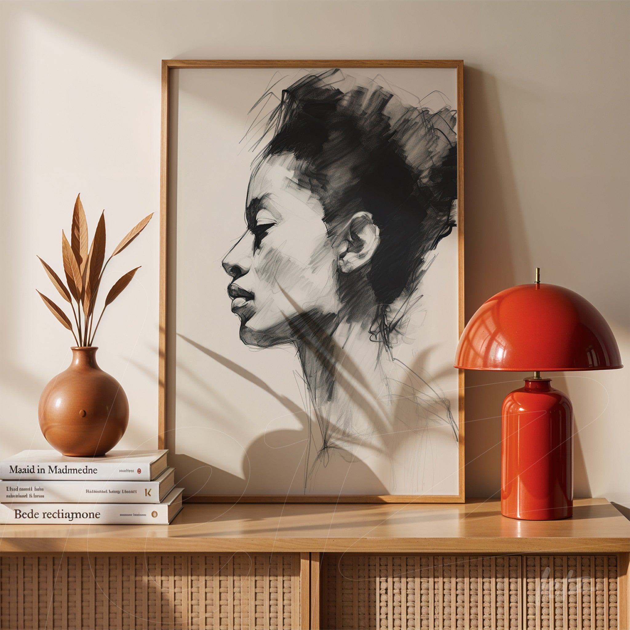 quadro com retrato contemporâneo em traços de tinta preta sobre fundo branco, moldura de madeira clara, decorado com vaso de cerâmica e abajur vermelho sobre mesa de madeira