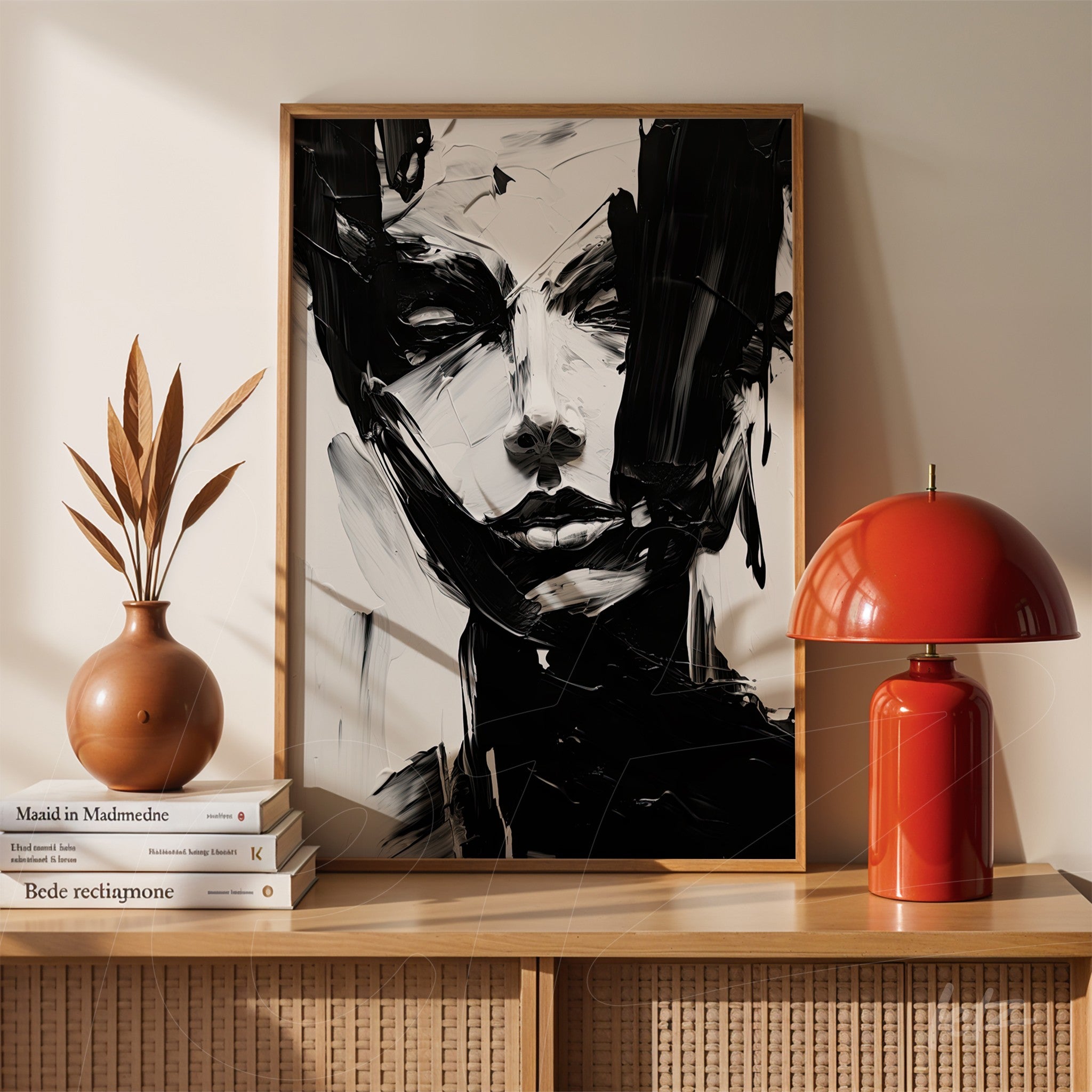 quadro em moldura de madeira clara com arte abstrata em preto e branco, mostrando um rosto feminino com traços expressivos sobre fundo texturizado