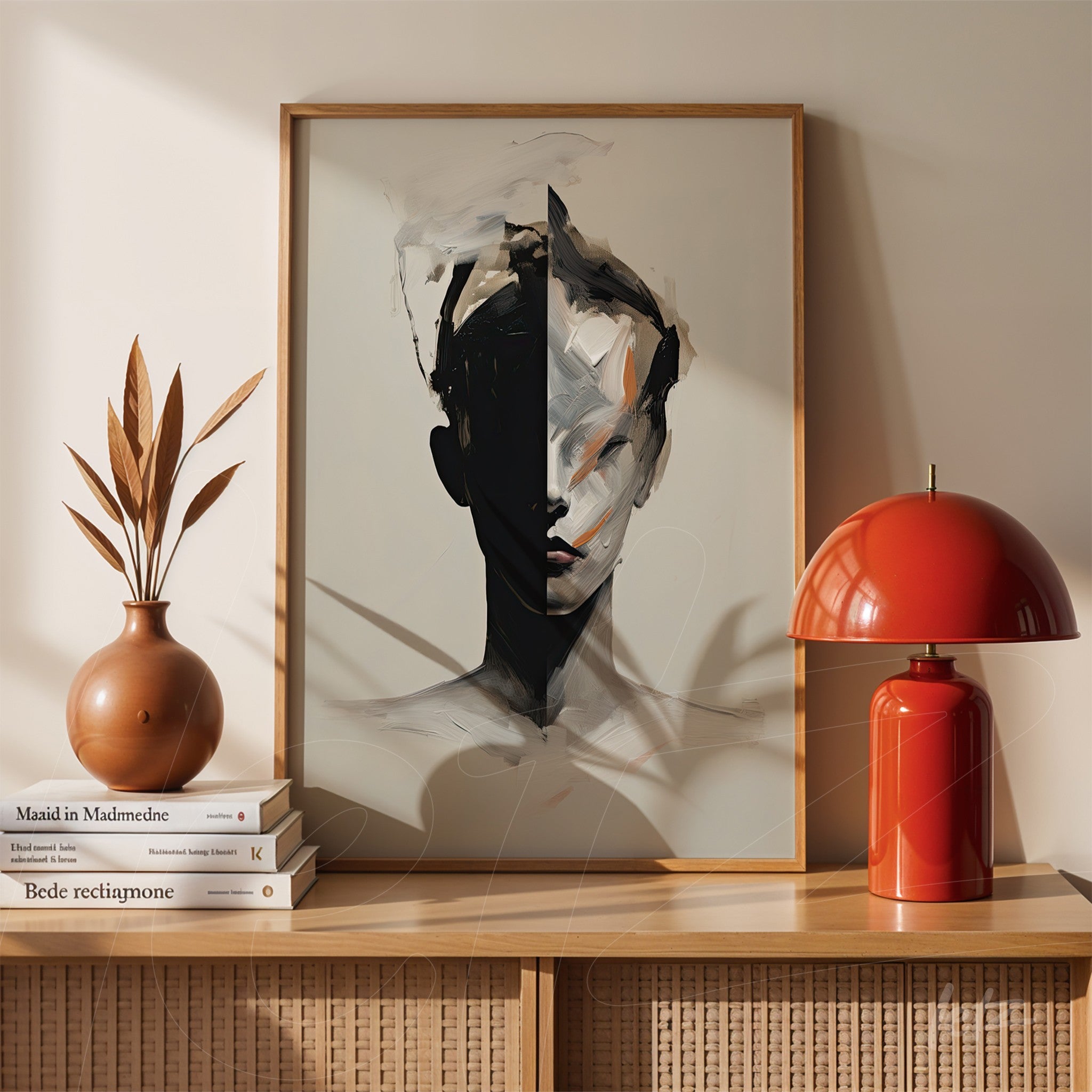 quadro com arte abstrata de rosto humano em moldura de madeira clara, exibido ao lado de um vaso com folhas secas e uma lâmpada vermelha sobre mesa de madeira