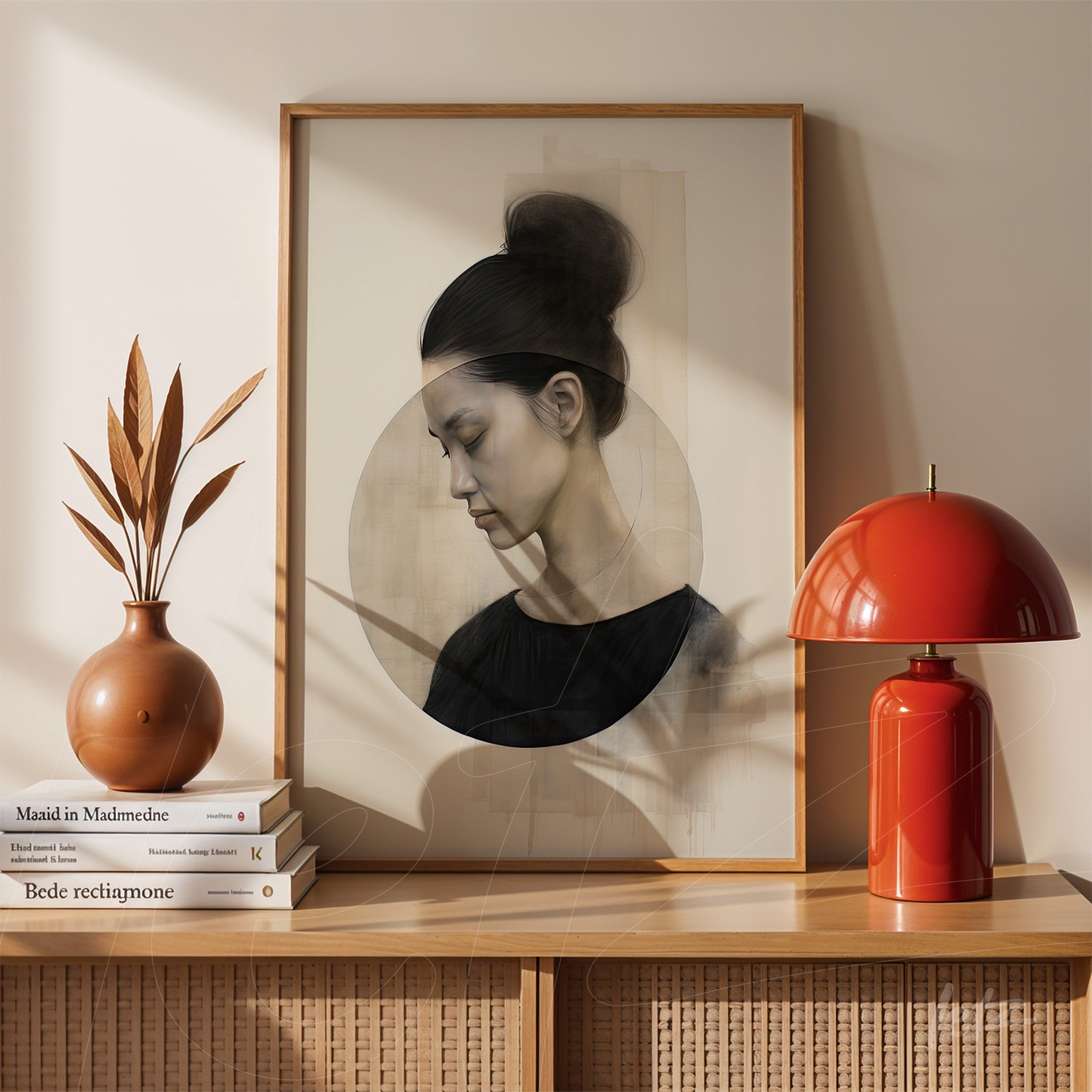 quadro em moldura clara apresentando retrato feminino em perfil ao lado de arranjo de folhas secas e lâmpada vermelha sobre mesa de madeira