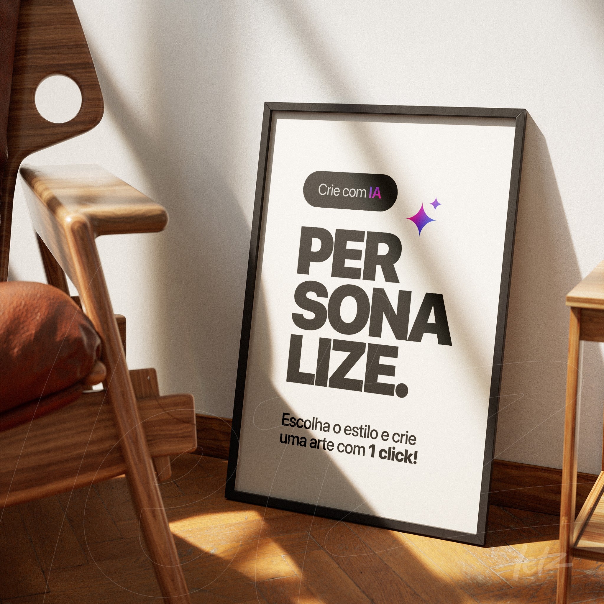 quadro com design minimalista em moldura preta com fundo claro, apresentando texto criativo em letras grandes