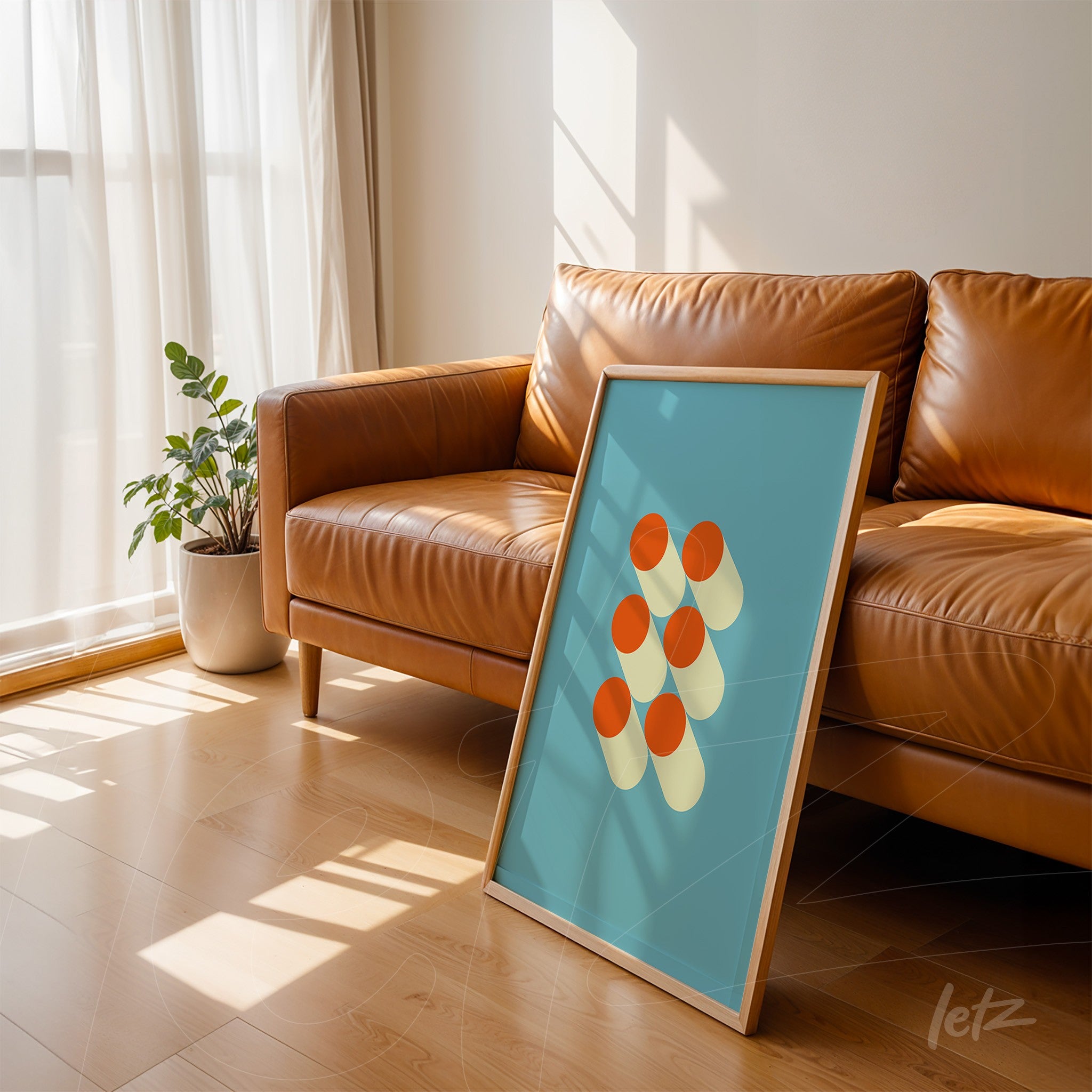 quadro com ilustração minimalista de seis cilindros em fundo azul encostado em sofá de couro marrom