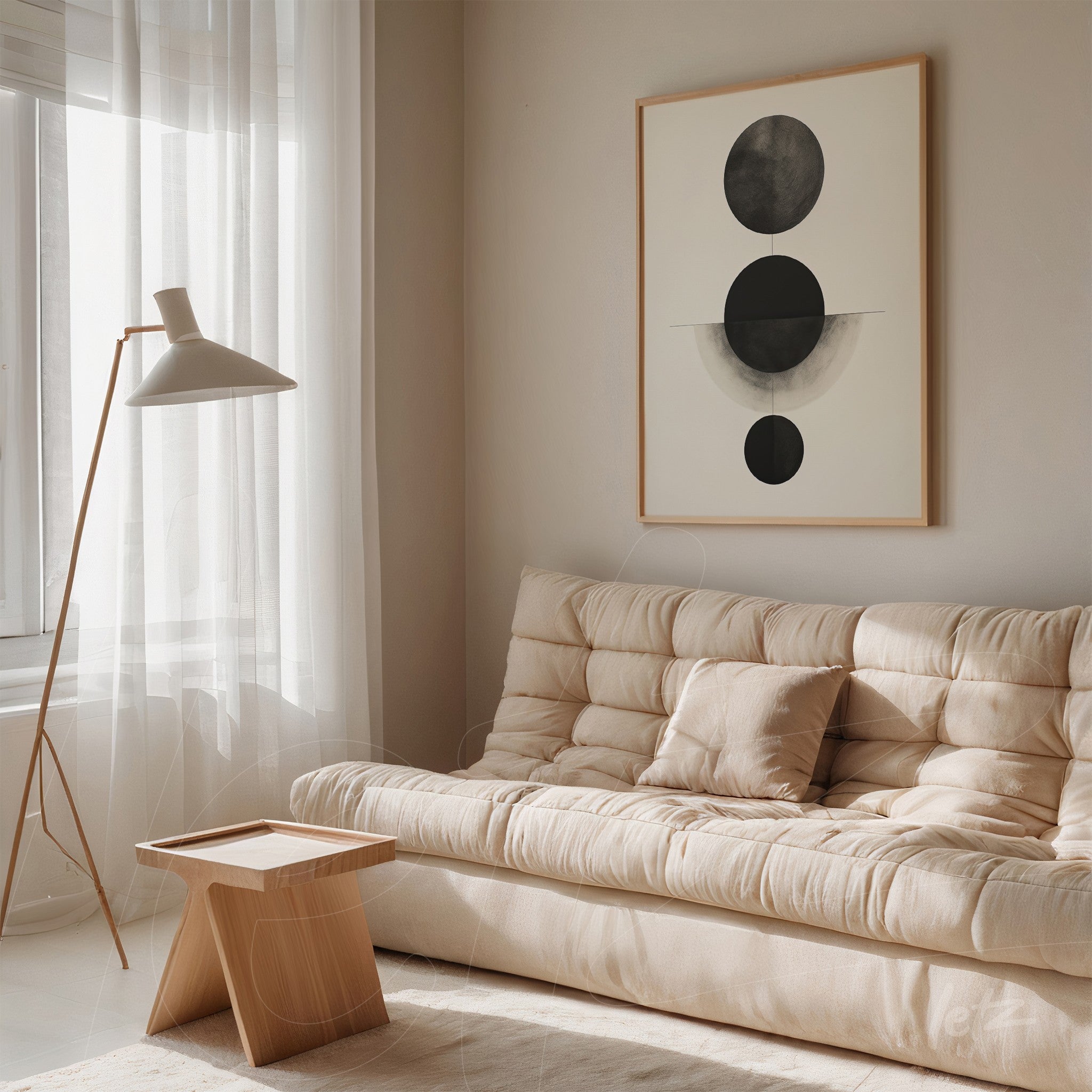 quadro minimalista com formas geométricas em tons de preto e cinza em moldura de madeira clara