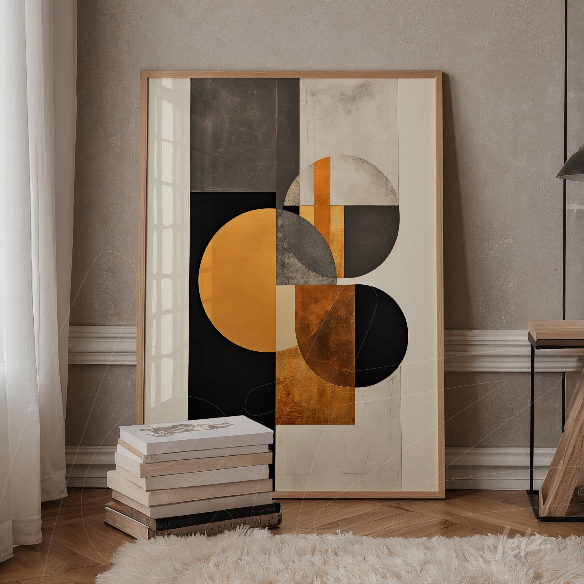 quadro com arte abstrata em tons de laranja, preto e cinza em moldura de madeira clara, apresentado sobre parede neutra