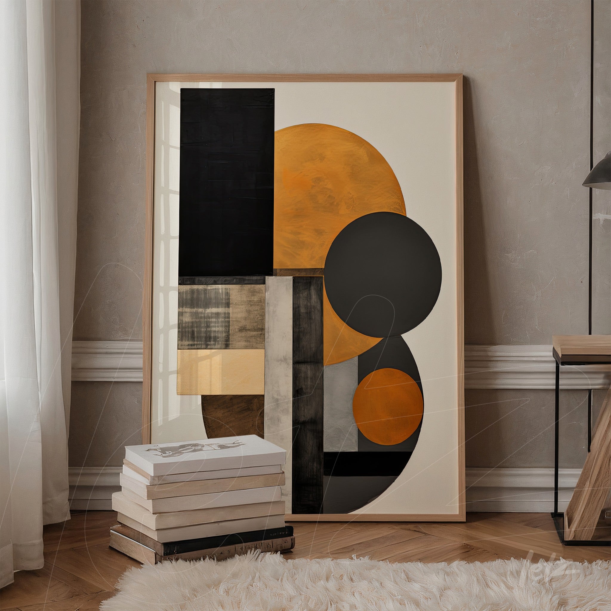 quadro moderno com arte abstrata em tons de laranja, preto e cinza, emoldurado em moldura de madeira clara