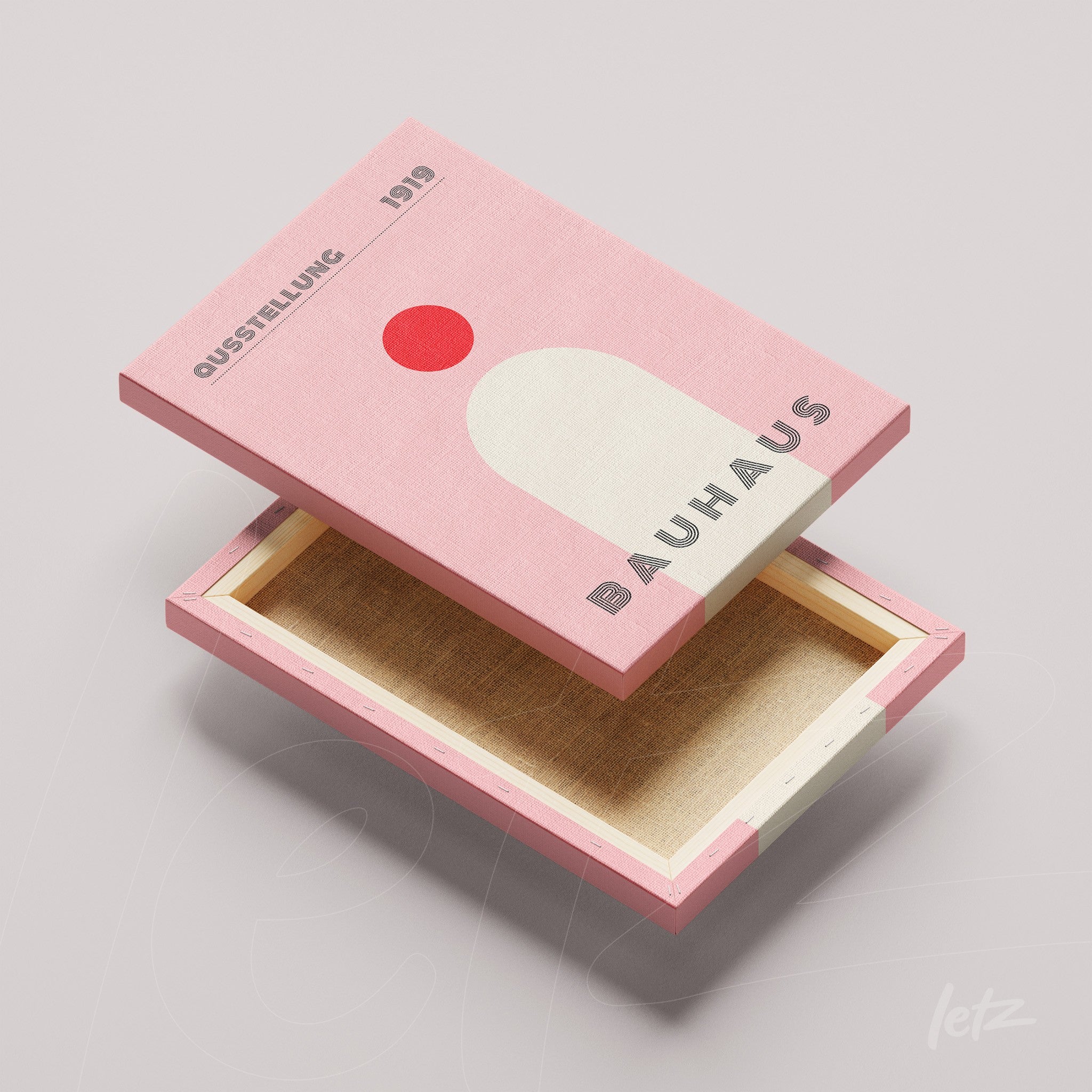 tela em canvas com design minimalista em rosa com formas geométricas e texto de exposição bauhaus