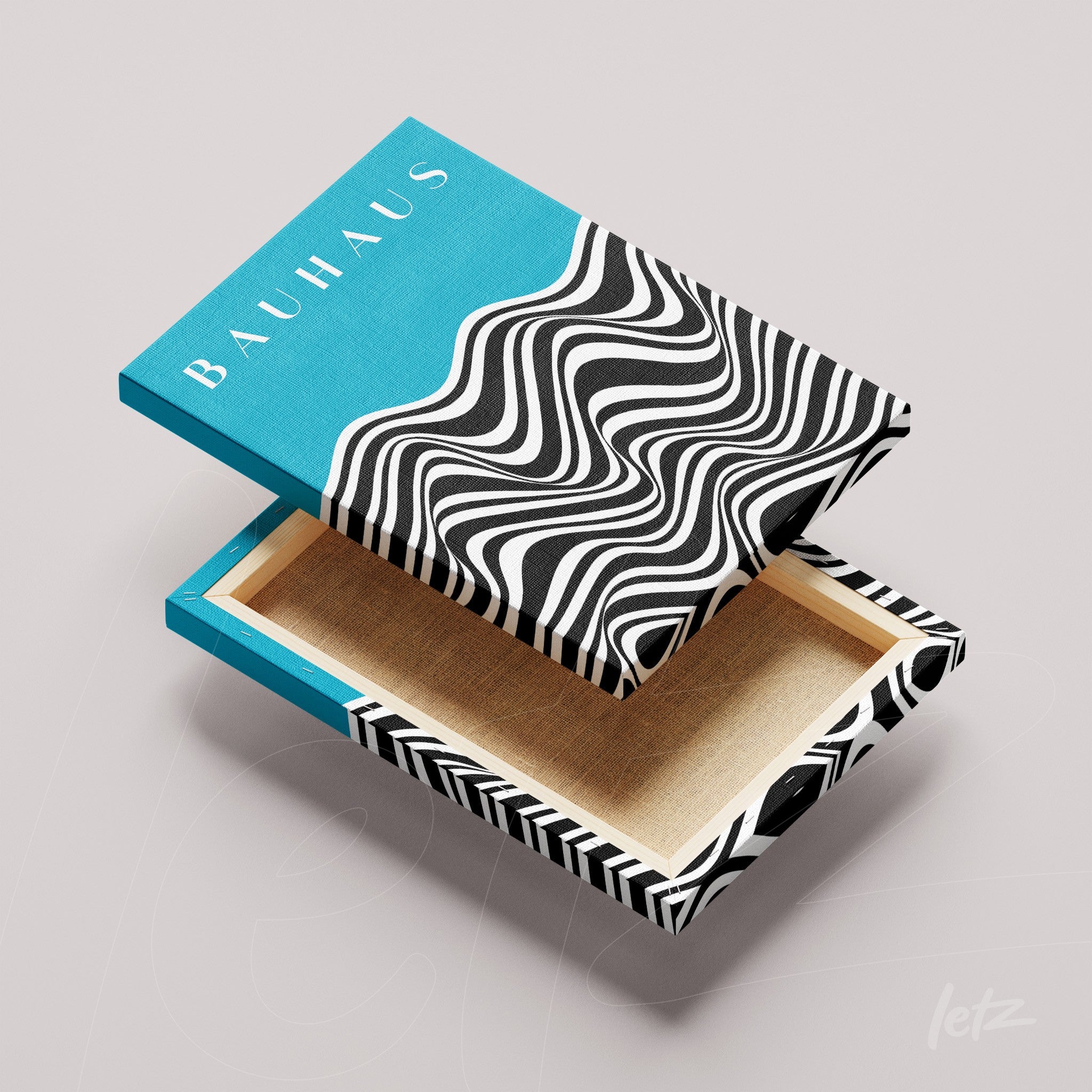 tela em canvas estilo bauhaus com padrões em preto e branco e lateral azul sobre fundo cinza claro