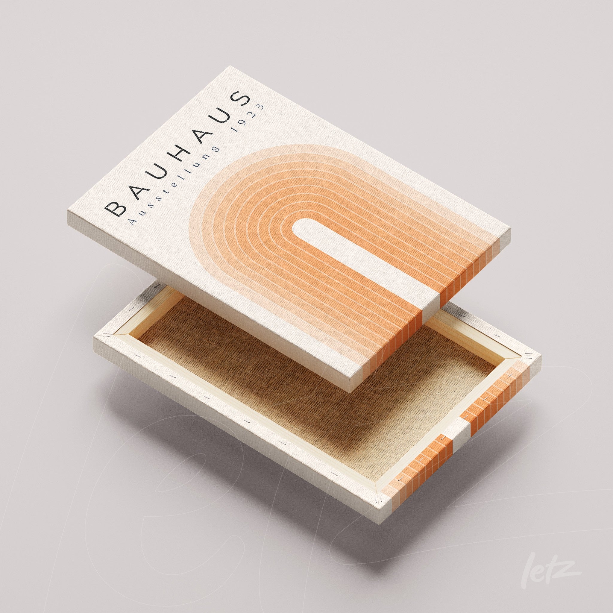 tela em canvas com arte geométrica estilo bauhaus em tons laranja e texto exibido sobre superfície clara