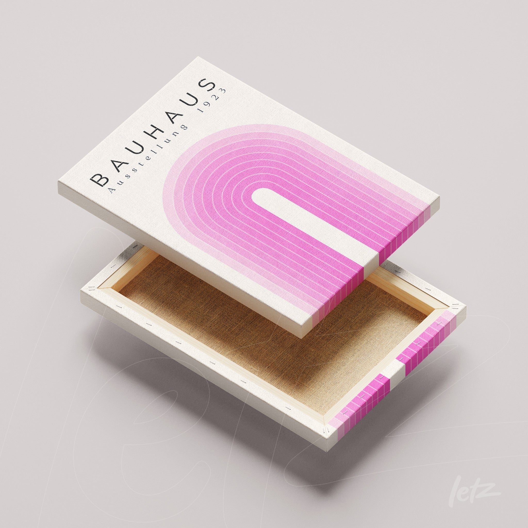 tela em canvas com design geométrico inspirado na Bauhaus exibida em ângulo aberto, mostrando a parte traseira e lateral da moldura