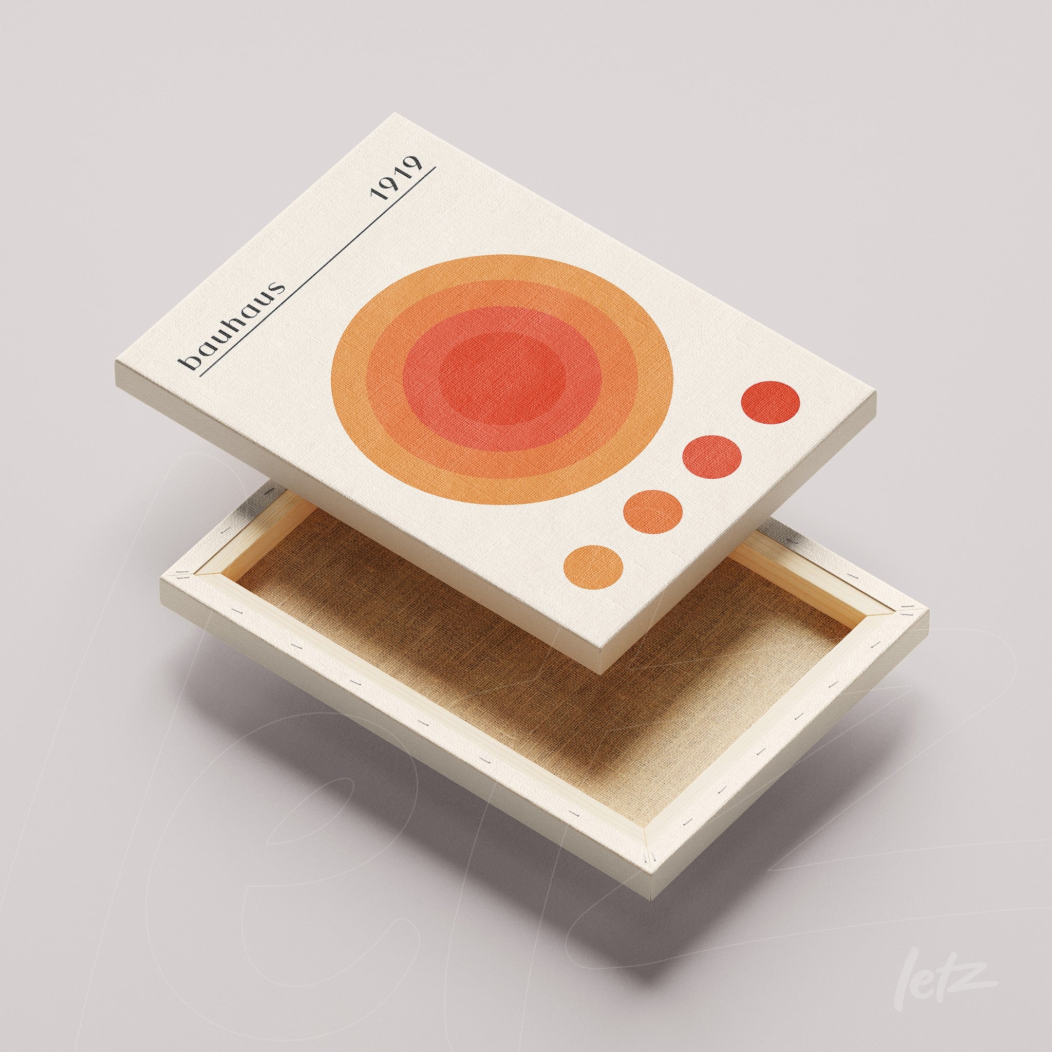 tela em canvas com arte geométrica inspirada na Bauhaus, apresentando círculos concêntricos em tons de laranja sobre fundo bege