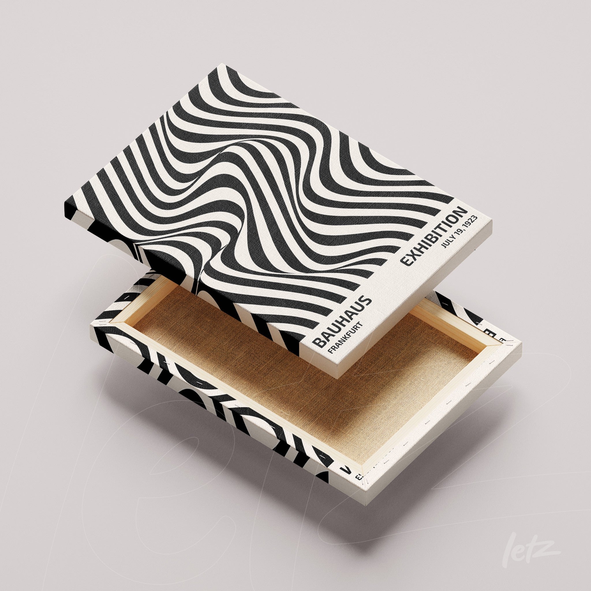 caixa premium com impressão de design em preto e branco em estilo Bauhaus, texto lateral de exposição presente