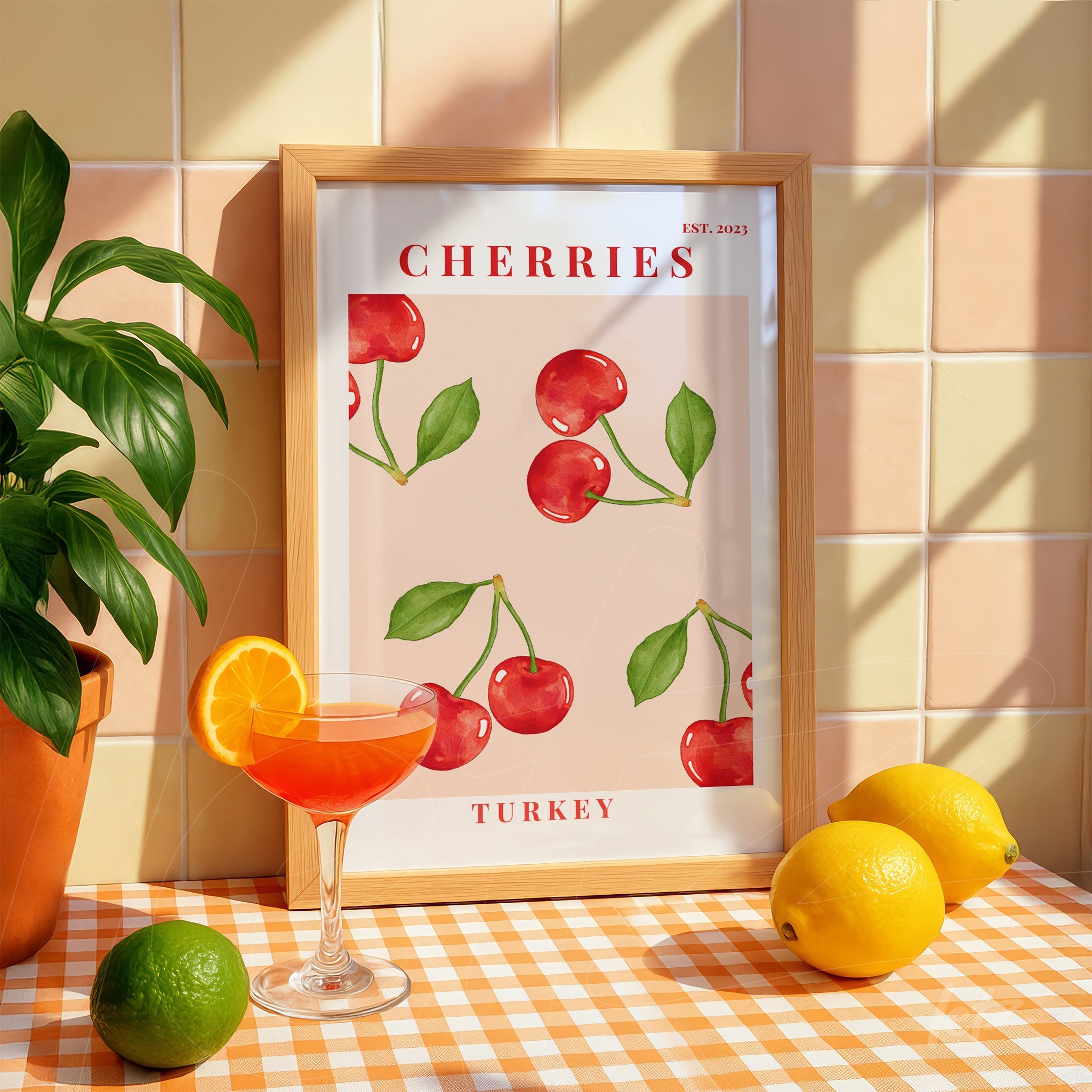 quadro com arte de cerejas em fundo claro, moldura de madeira clara com texto 'CHERRIES' e 'TURKEY'