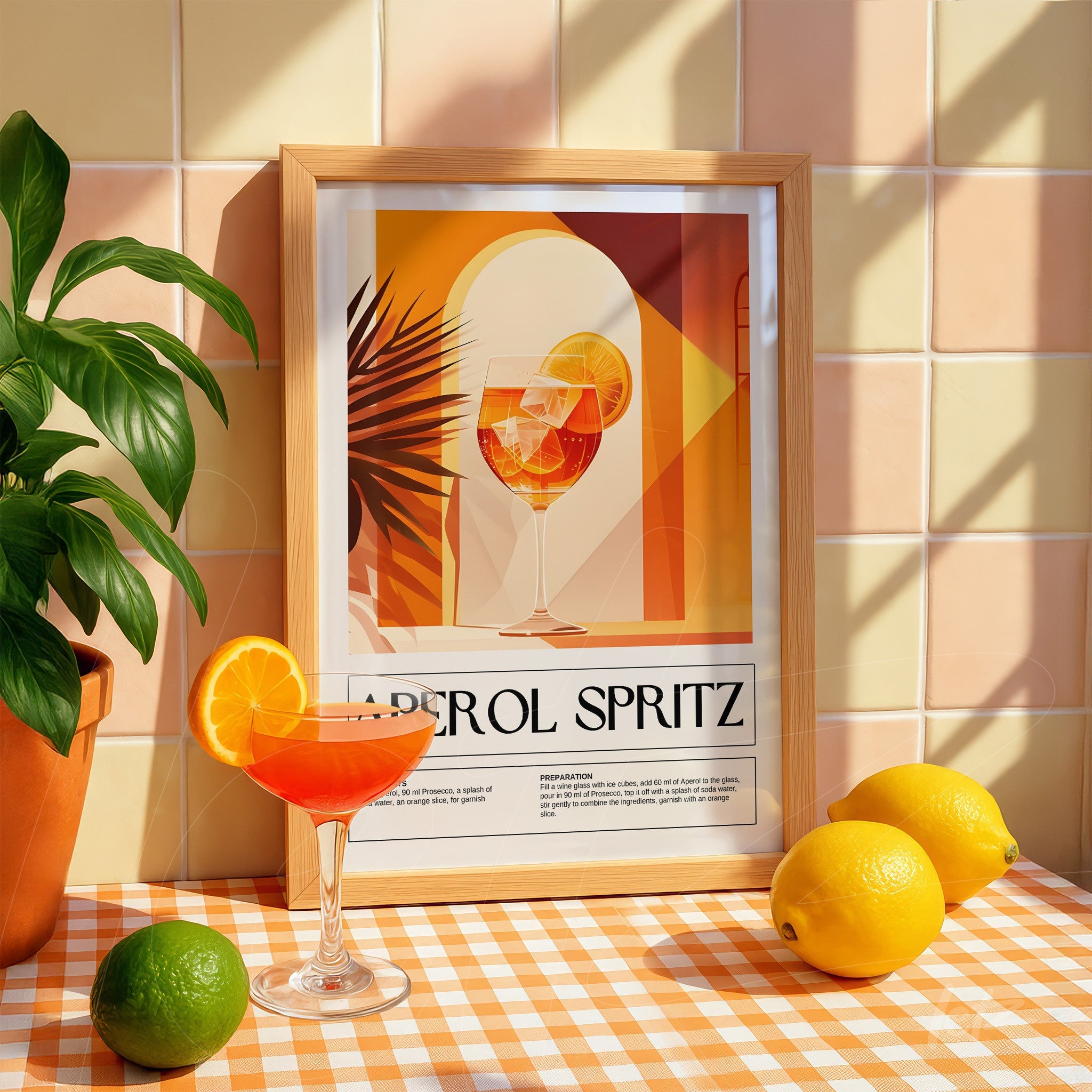 quadro emoldurado com arte gráfica do drink aperol spritz, com fundo em tons quentes e limões ao lado em uma mesa xadrez