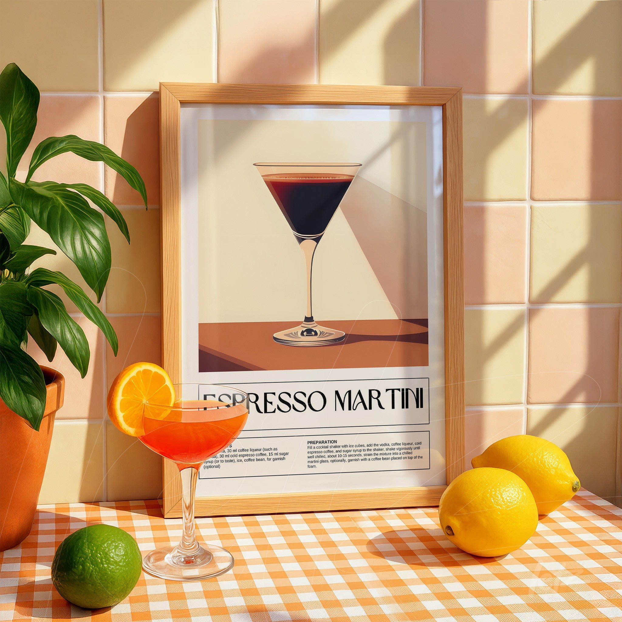 quadro com arte moderna de drink espresso martini em moldura de madeira clara sobre mesa de toalha xadrez