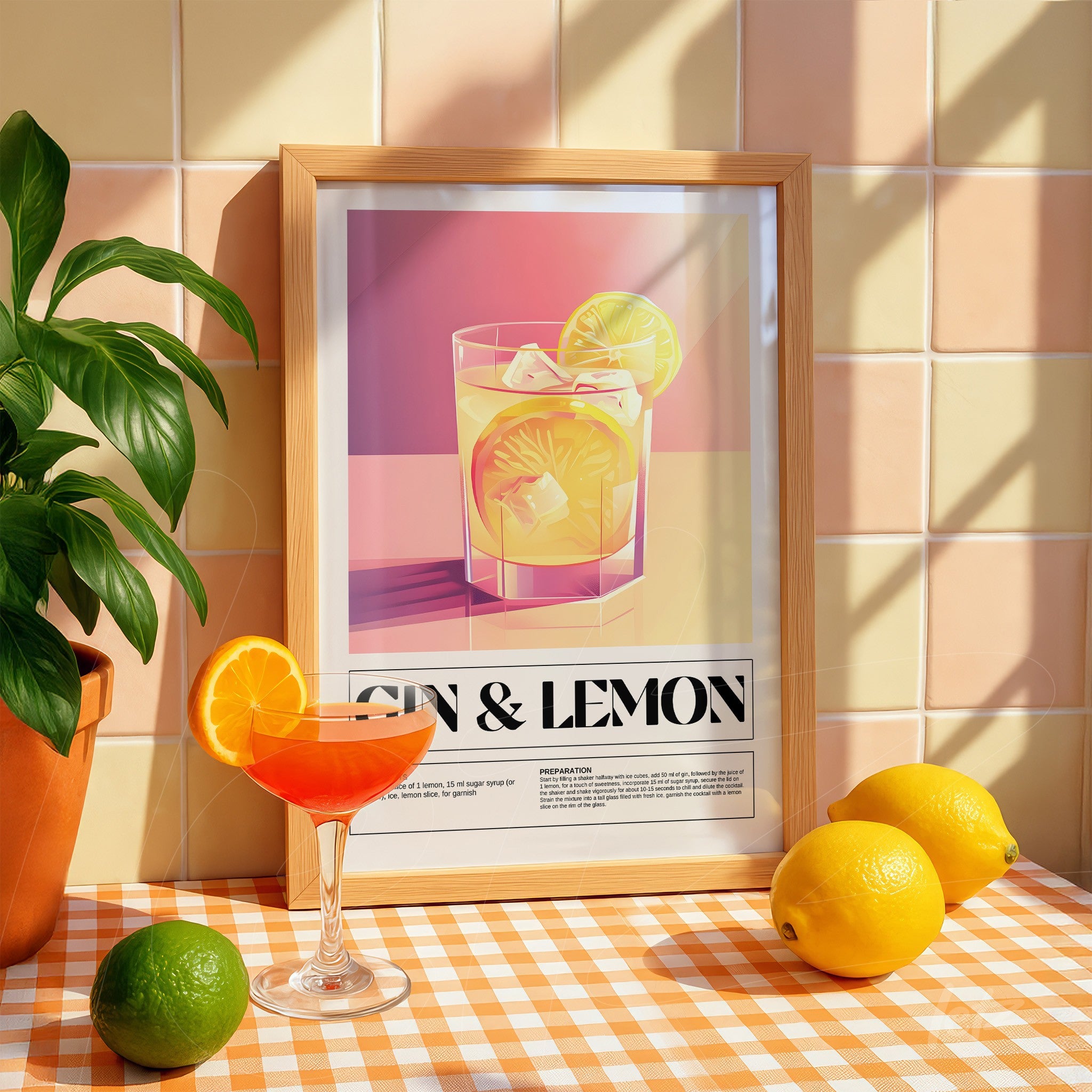 quadro com arte de drink gin com limão em moldura de madeira clara, apoiado sobre uma mesa com toalha de xadrez laranja