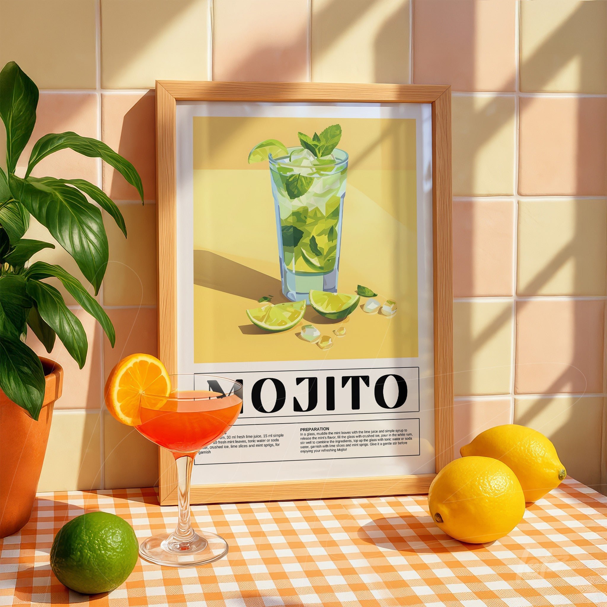 quadro com ilustração colorida do drink mojito em moldura de madeira clara, apresentado sobre fundo amarelo e rodeado por frutas cítricas