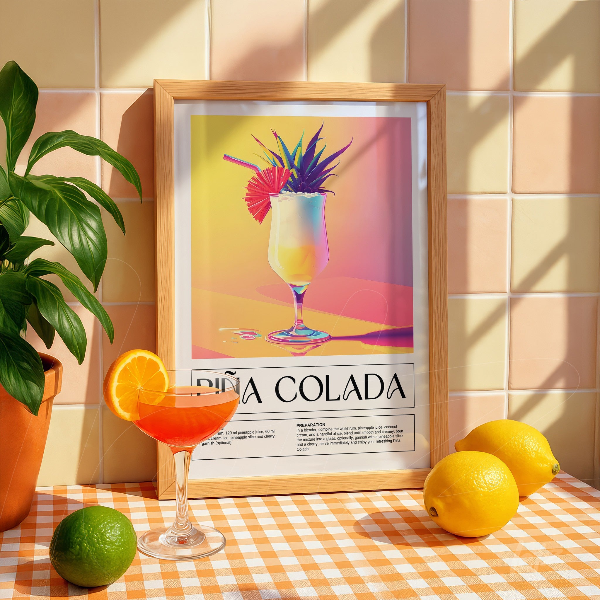 quadro decorativo com ilustração de piña colada em moldura de madeira clara com fundo colorido