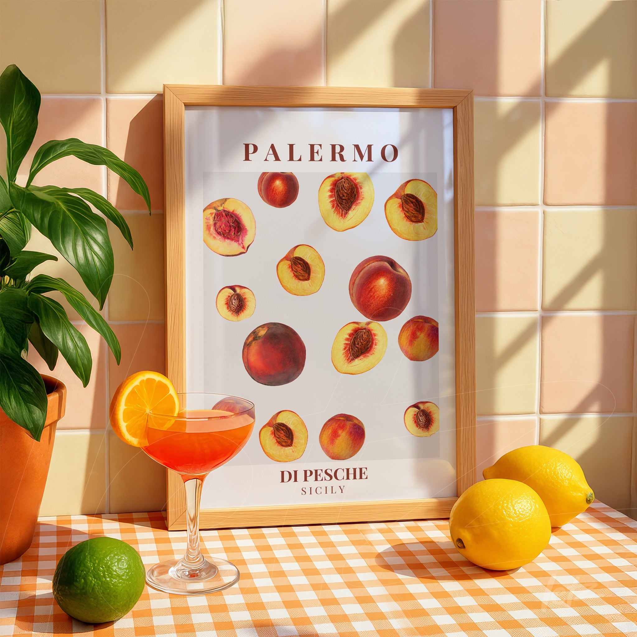 quadro com ilustração de pêssegos em moldura de madeira clara, exposto em ambiente iluminado com frutas e plantas