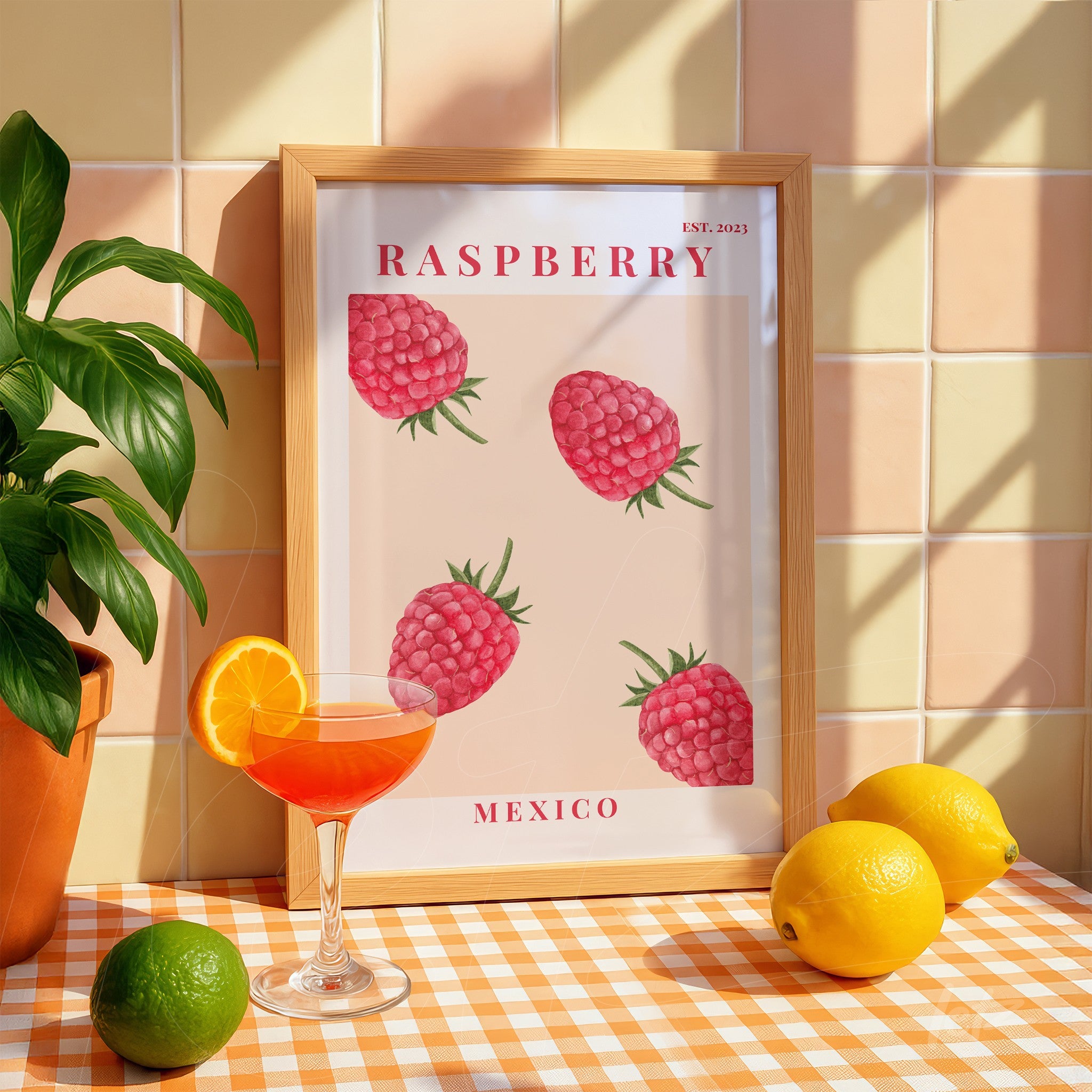 quadro emoldurado com ilustrações de framboesas em fundo claro, com moldura de madeira clara, acompanhado de copo de drink e frutas cítricas sobre mesa xadrez