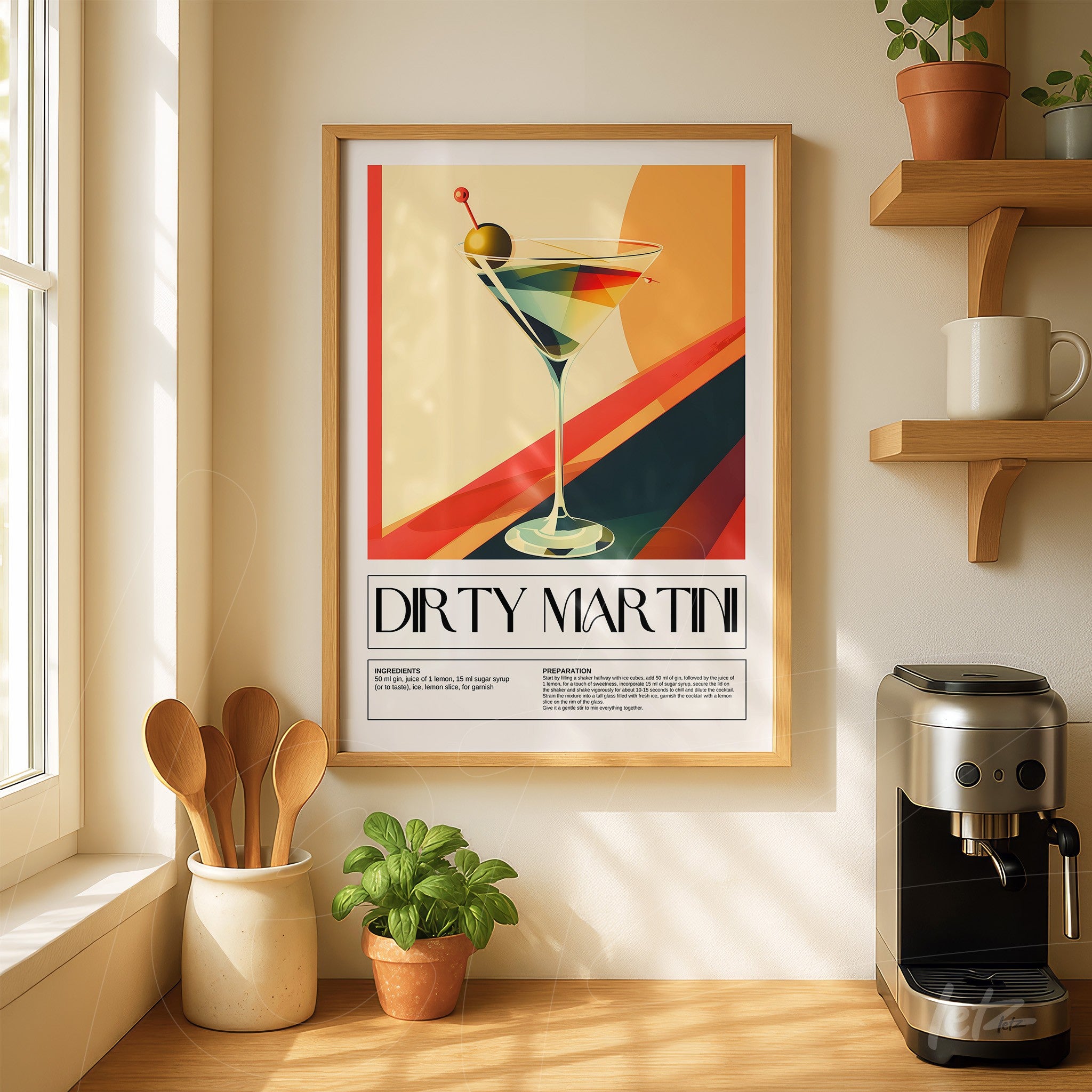 quadro em moldura de madeira natural com arte vintage de drink dirty martini, exibido em parede iluminada por janela