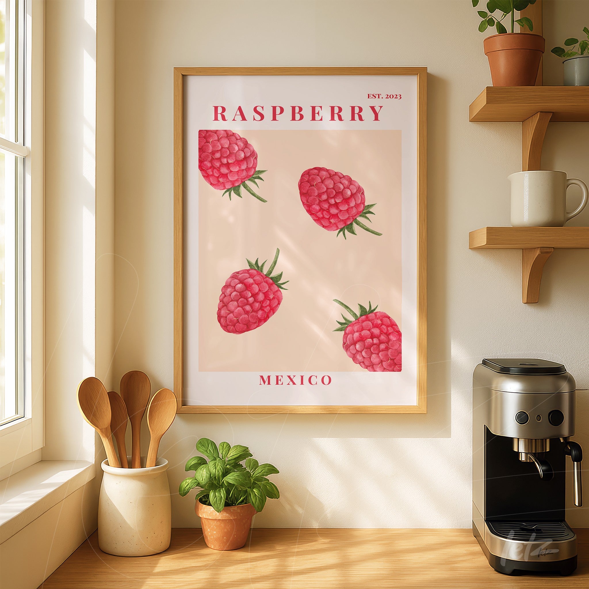 quadro em moldura clara com ilustrações de framboesas em fundo rosa e texto 'Raspberry' com a palavra 'Mexico' na parte inferior