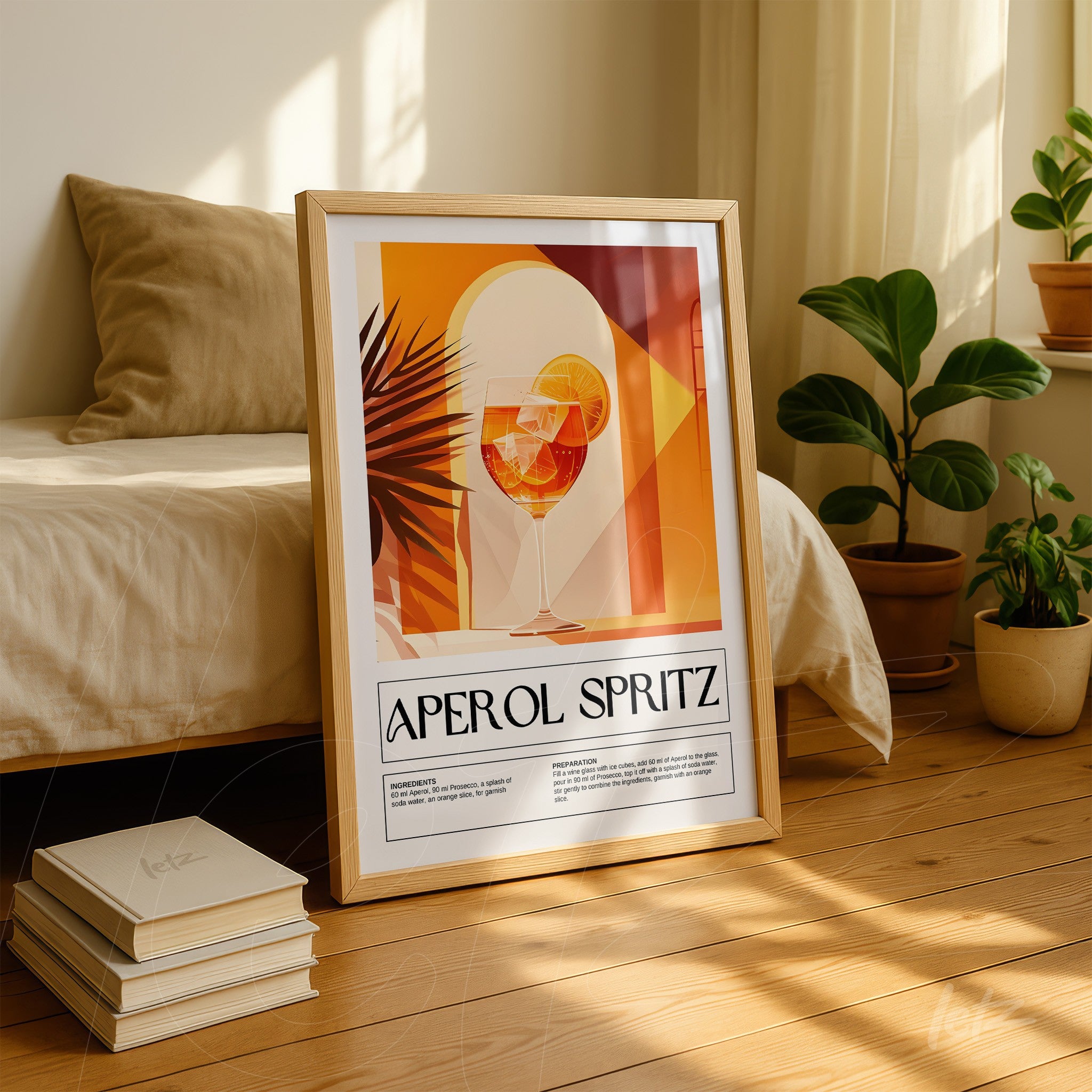 quadro emoldurado com arte de drink Aperol Spritz em tons quentes e geométricos, apoiado em uma cama ao lado de plantas