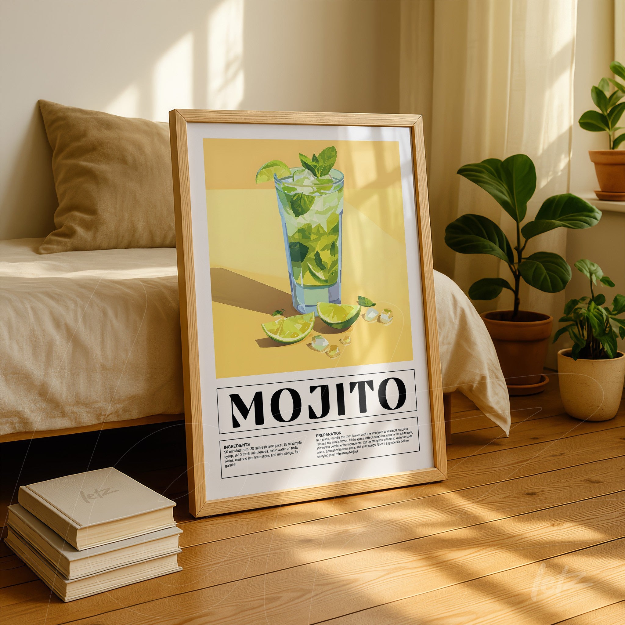 quadro com arte do drink mojito em moldura de madeira clara com fundo amarelo