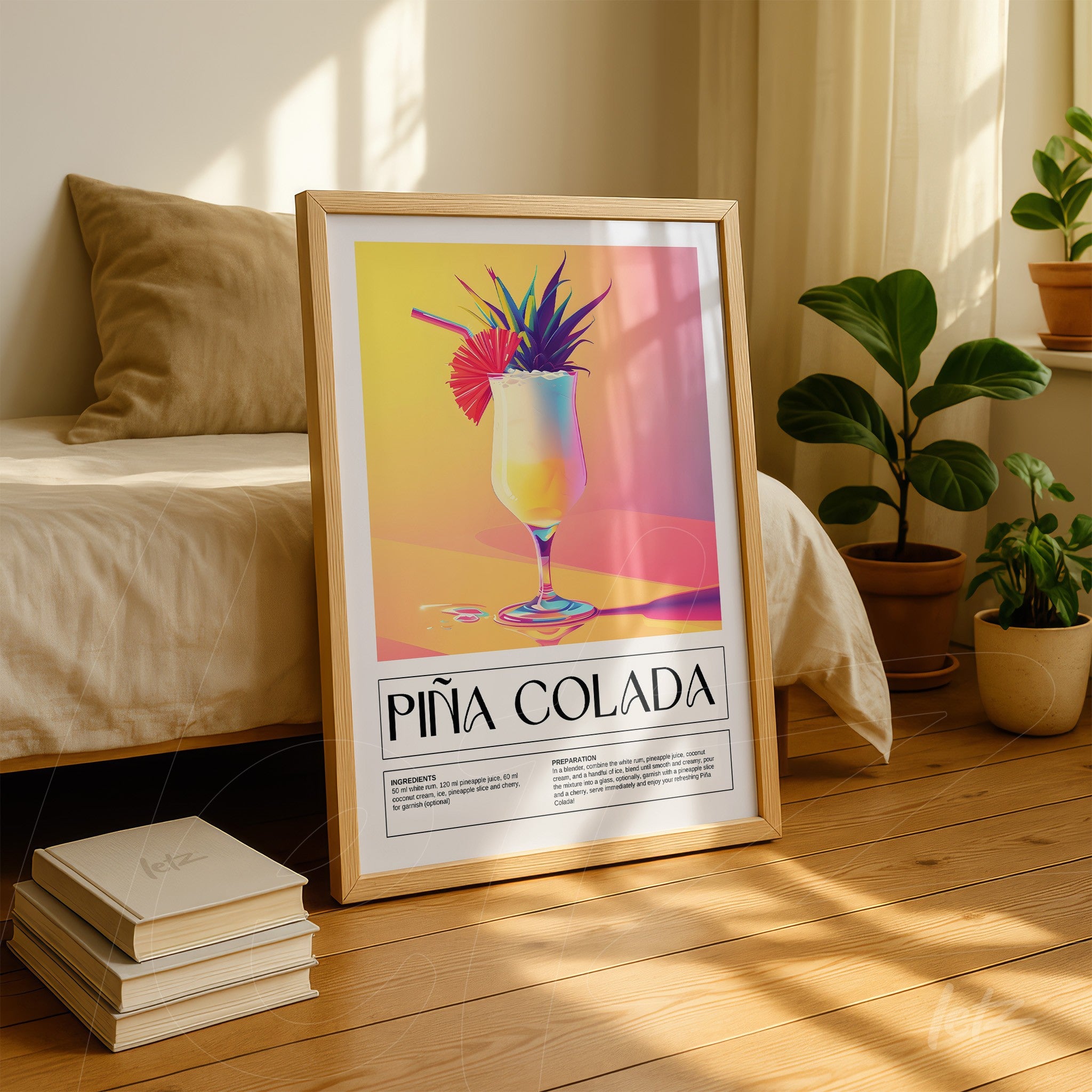 quadro com arte digital de uma piña colada em moldura clara com fundo rosa e azul vibrante