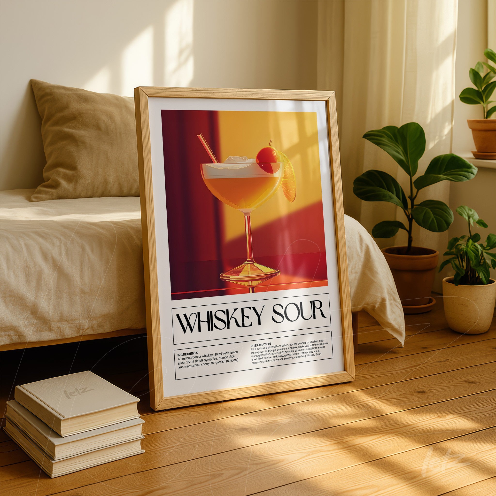 quadro com arte do drink whiskey sour em moldura clara com detalhes em texto