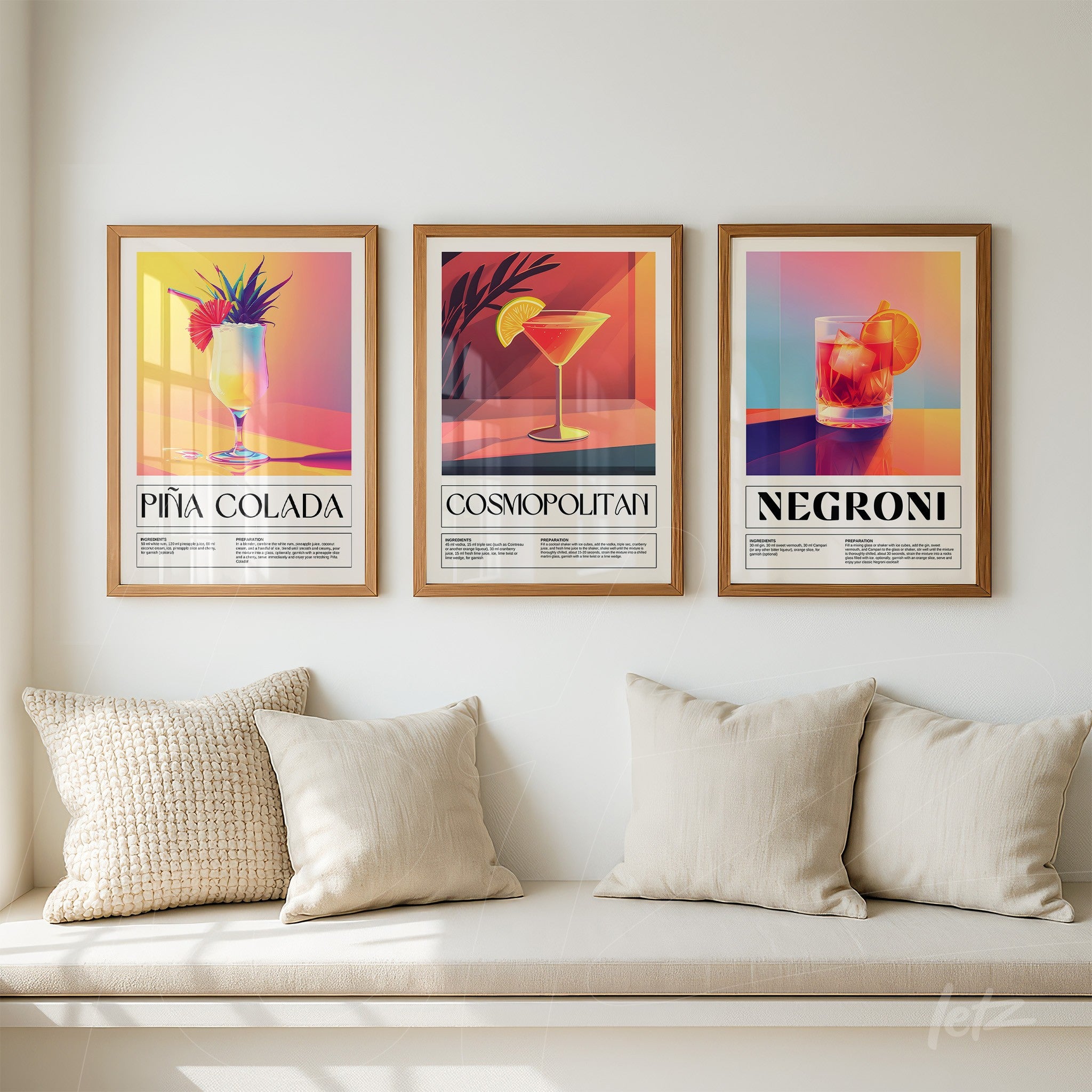 série de quadros com ilustrações de drinks coloridos pina colada, cosmopolitan e negroni em moldura de madeira clara