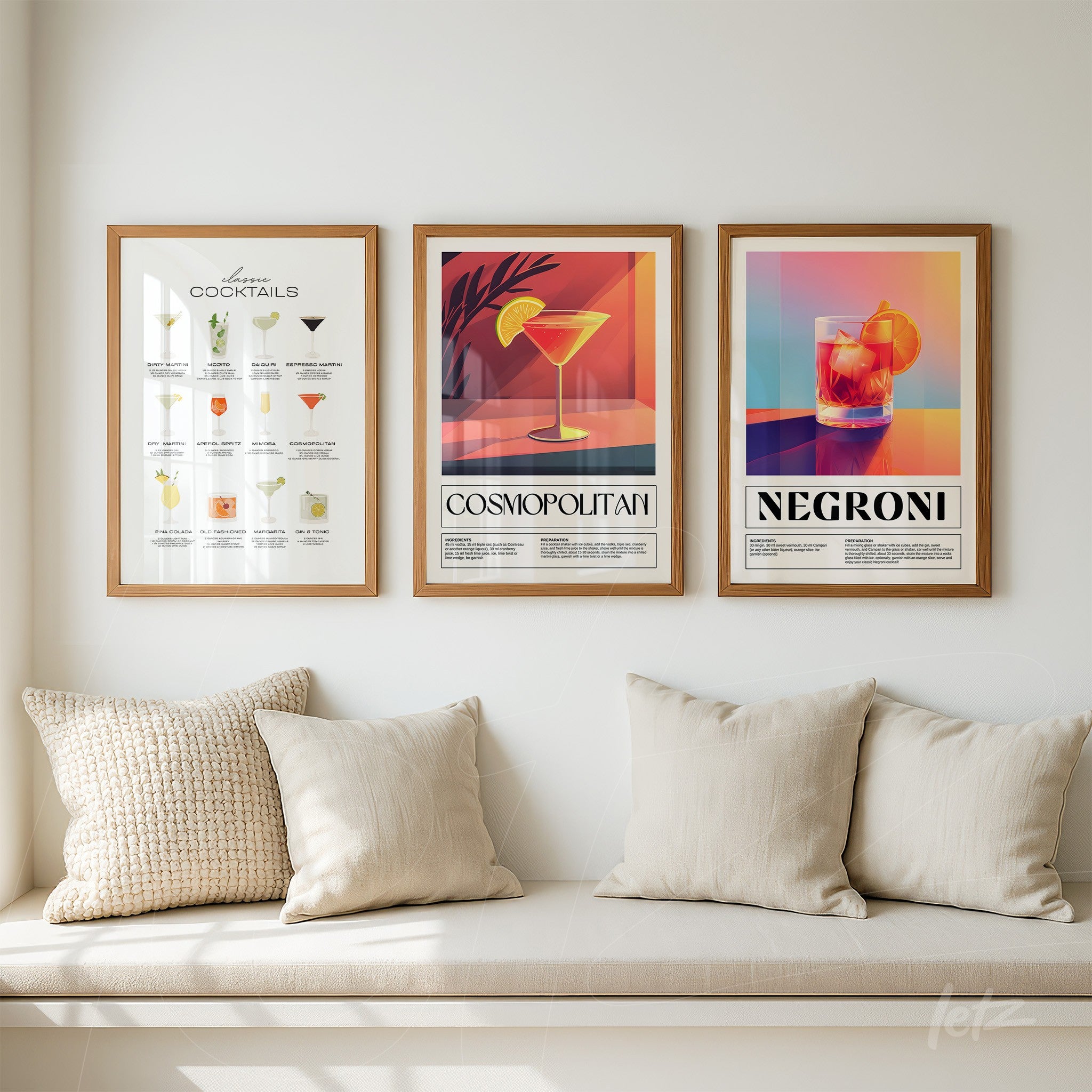 composição de três quadros decorativos sobre drinks, com moldura de madeira clara, incluindo uma receita de cocktails e ilustrações de cosmopolitan e negroni, exibidos em parede clara ao lado de almofadas bege