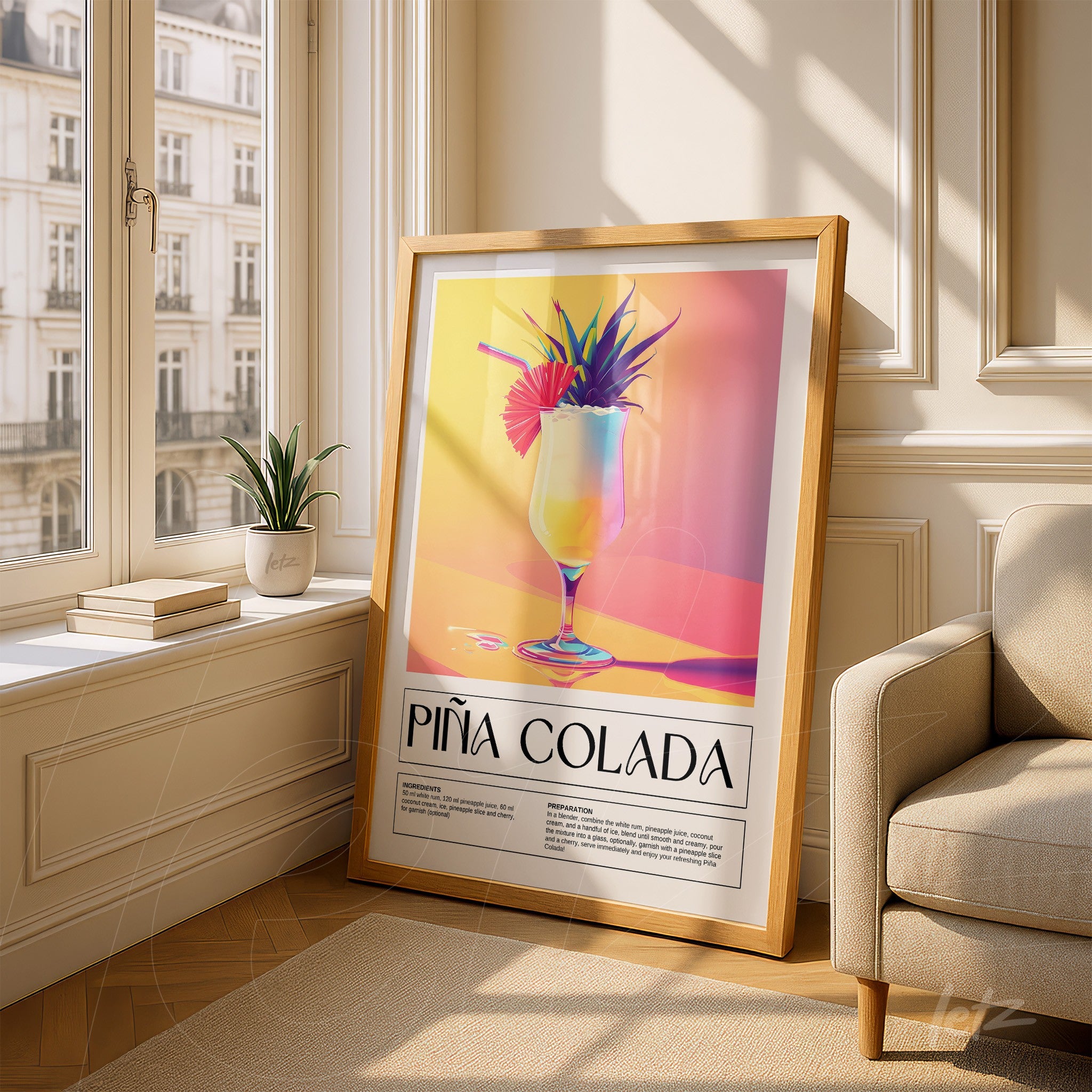 quadro com arte retrô de drink piña colada em moldura de madeira clara