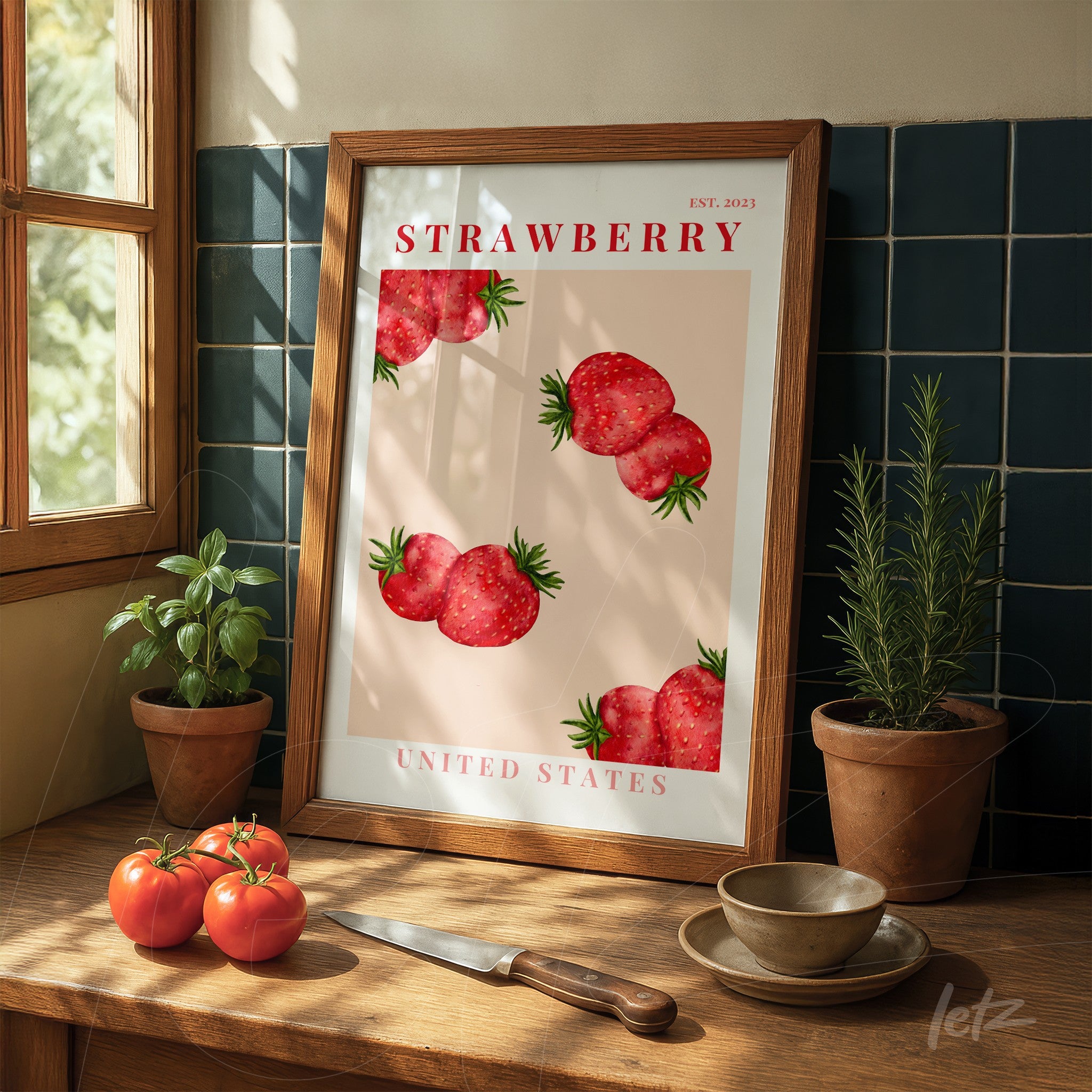 quadro com ilustrações de morangos sobre fundo claro em moldura de madeira escura