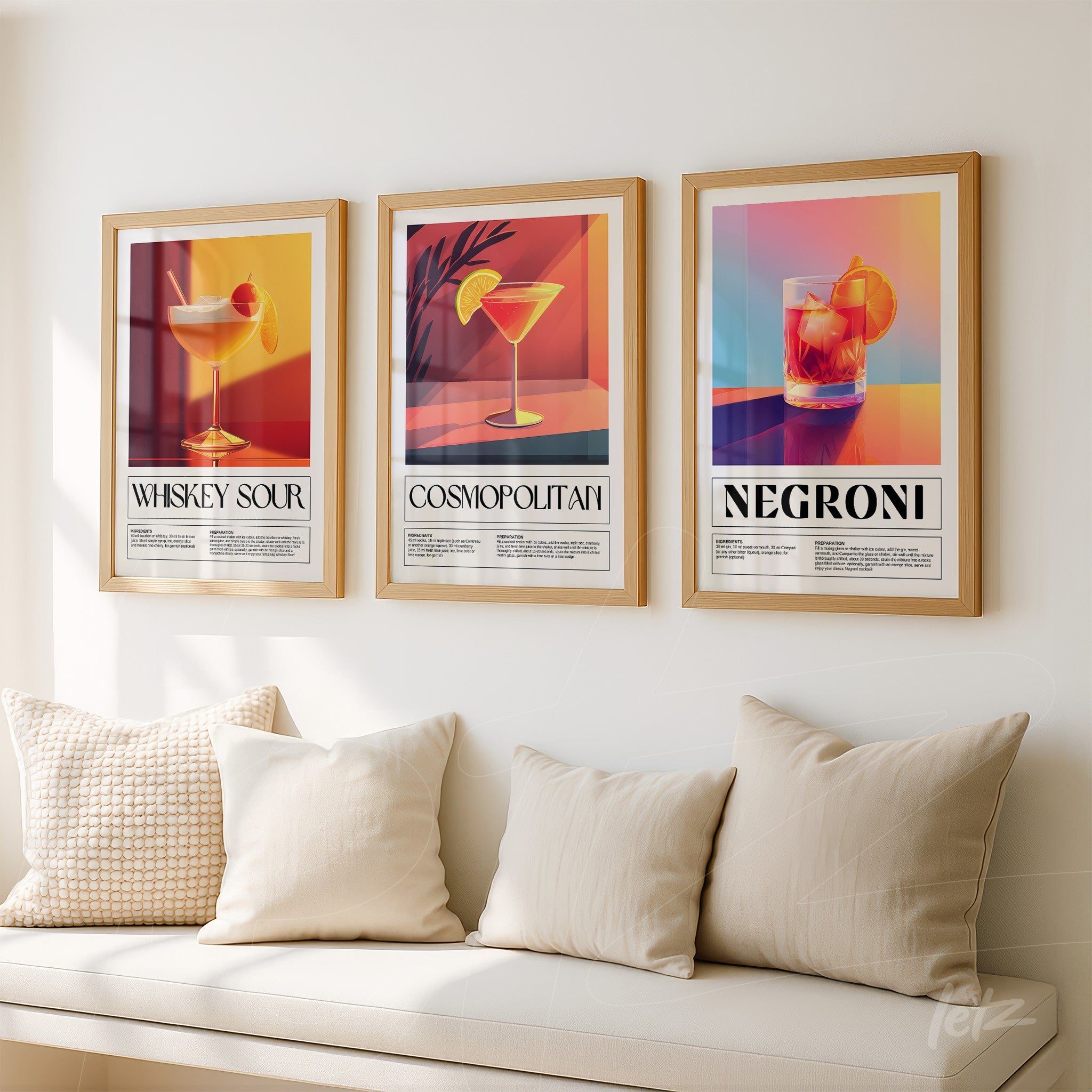 composição com três quadros decorativos de drinks em moldura dourada com texto descritivo, sobre parede clara