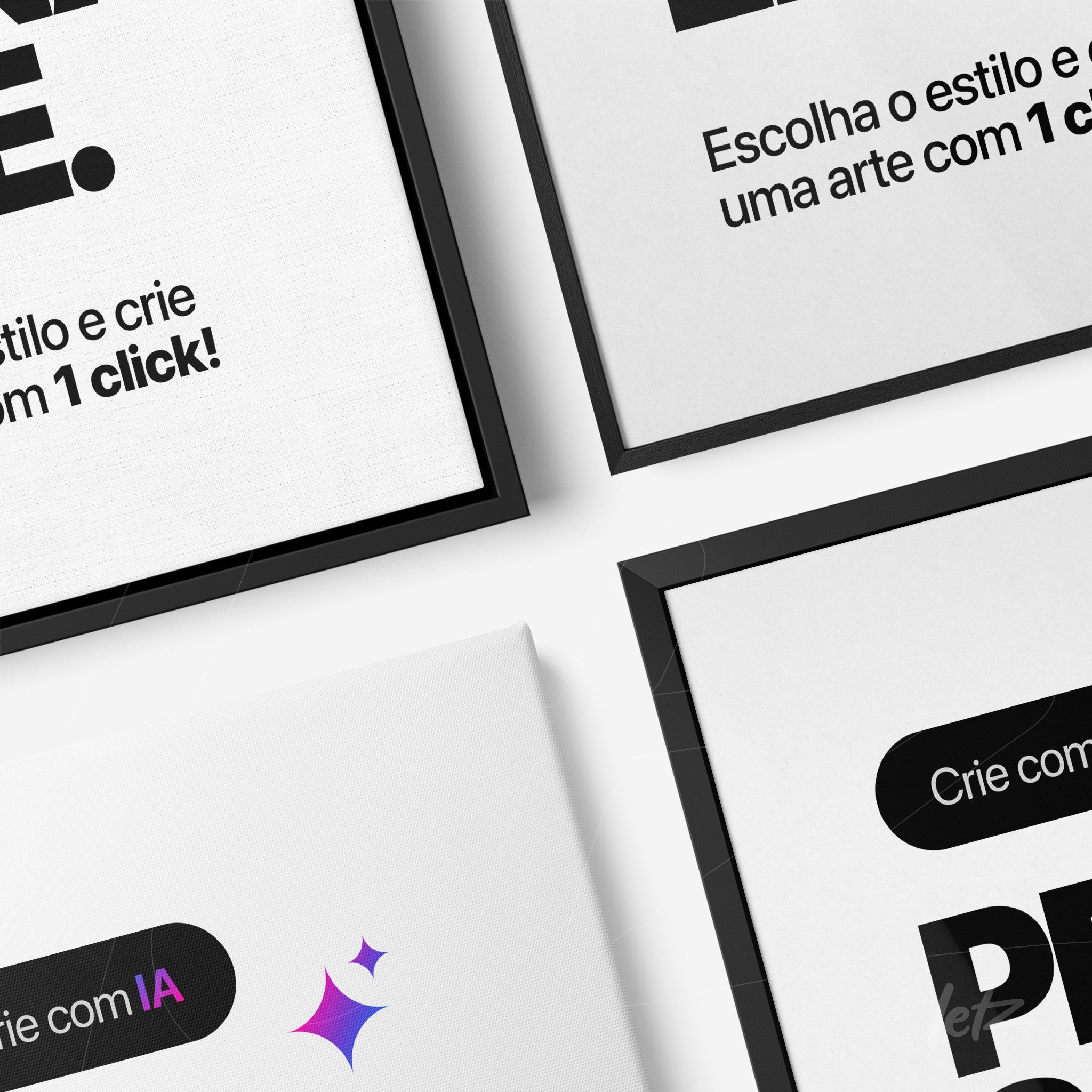 composição de quadros com molduras pretas apresentando mensagens sobre criação de arte com IA em fundo branco e detalhes gráficos coloridos