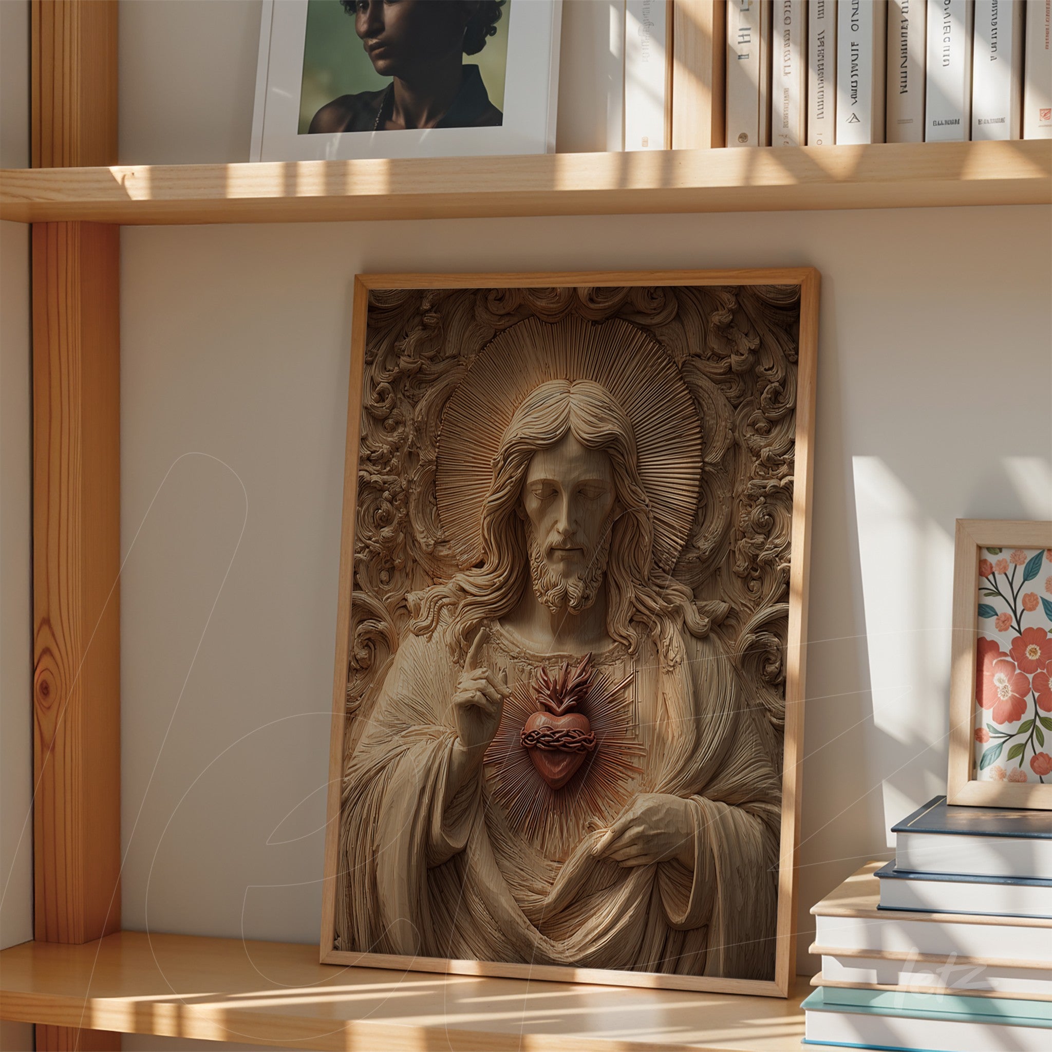quadro em relevo com figura de Jesus Cristo e o Sagrado Coração em moldura de madeira clara, exposto em estante de madeira