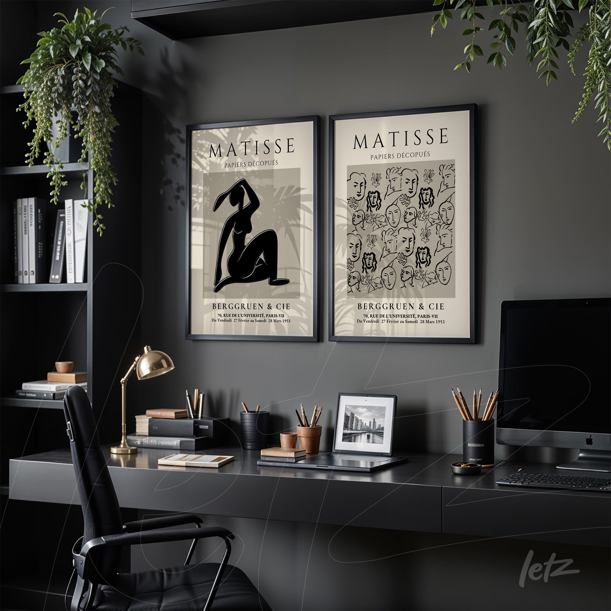 composição de quadros com ilustrações em preto e branco no estilo de Matisse, moldura preta e fundo cinza escuro