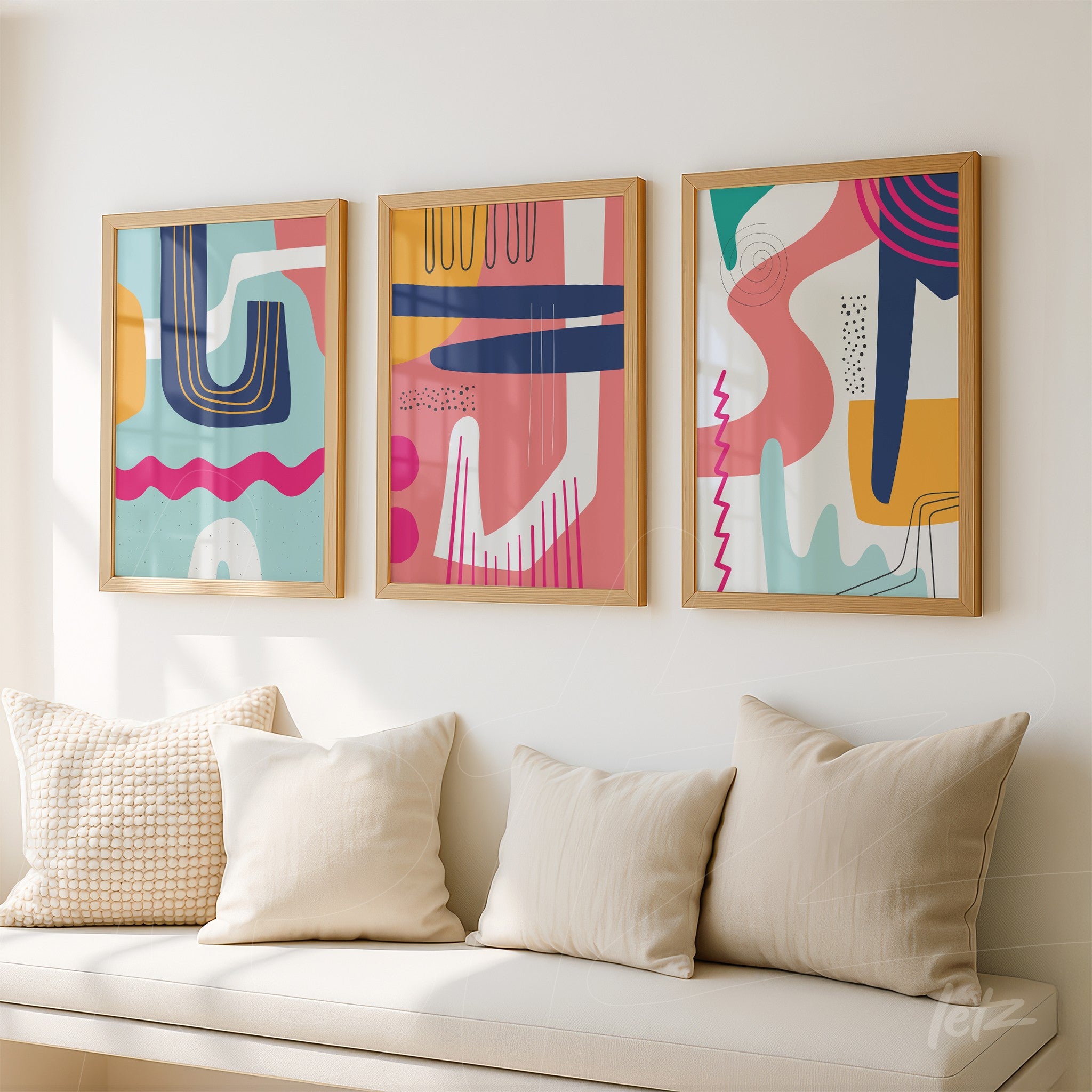 ```json
{
"alt": "trio de quadros com arte abstrata em cores boho modernas, com molduras de madeira, exibidos em parede clara acima de sofá com almofadas",
"alt_en": "set of three framed abstract art prints in modern boho colors, with wooden frames, displayed on a light wall above a sofa with cushions"
}
```